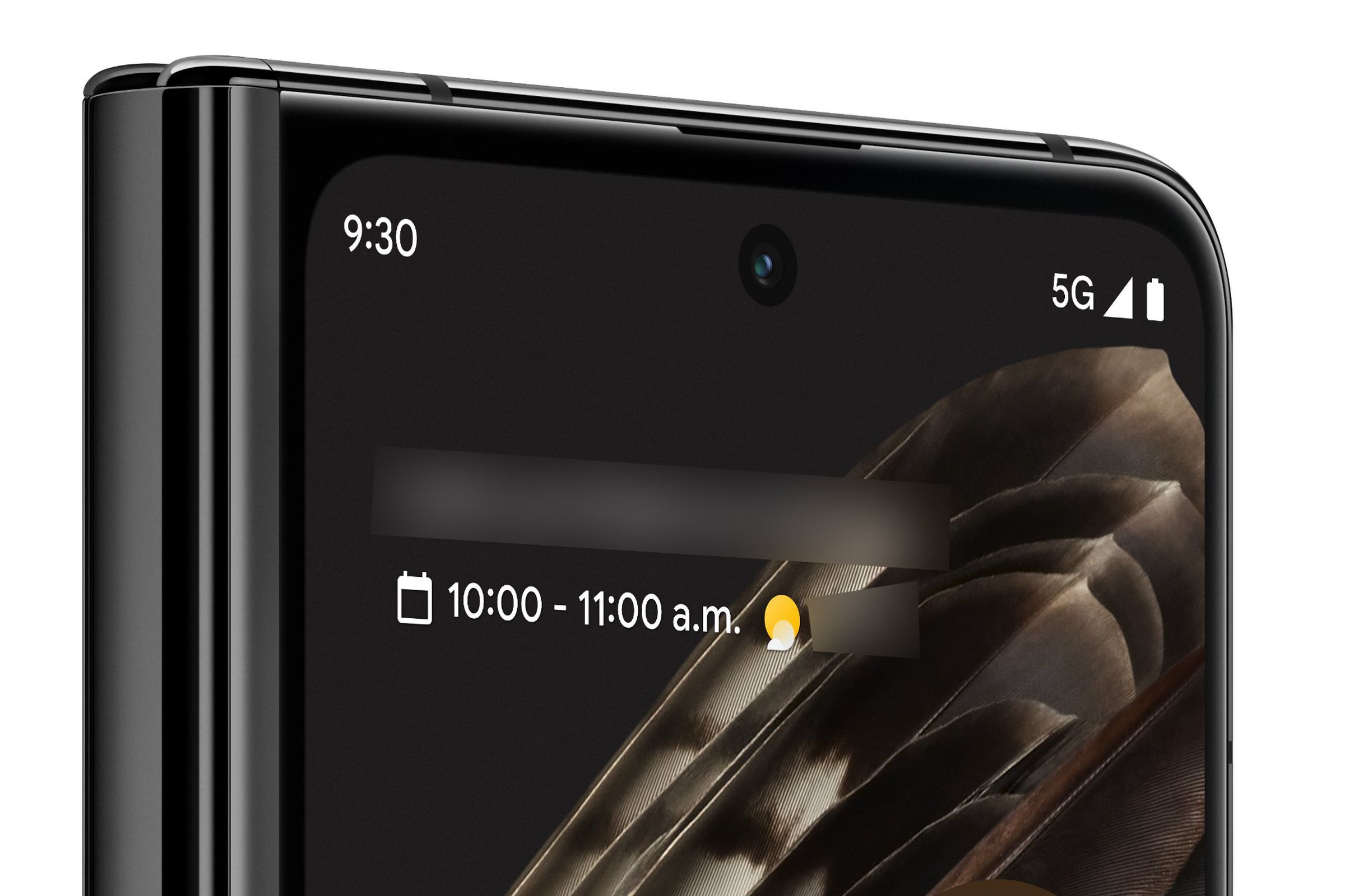 A big screen on the outside, a bigger screen within. A folding phone in profile.