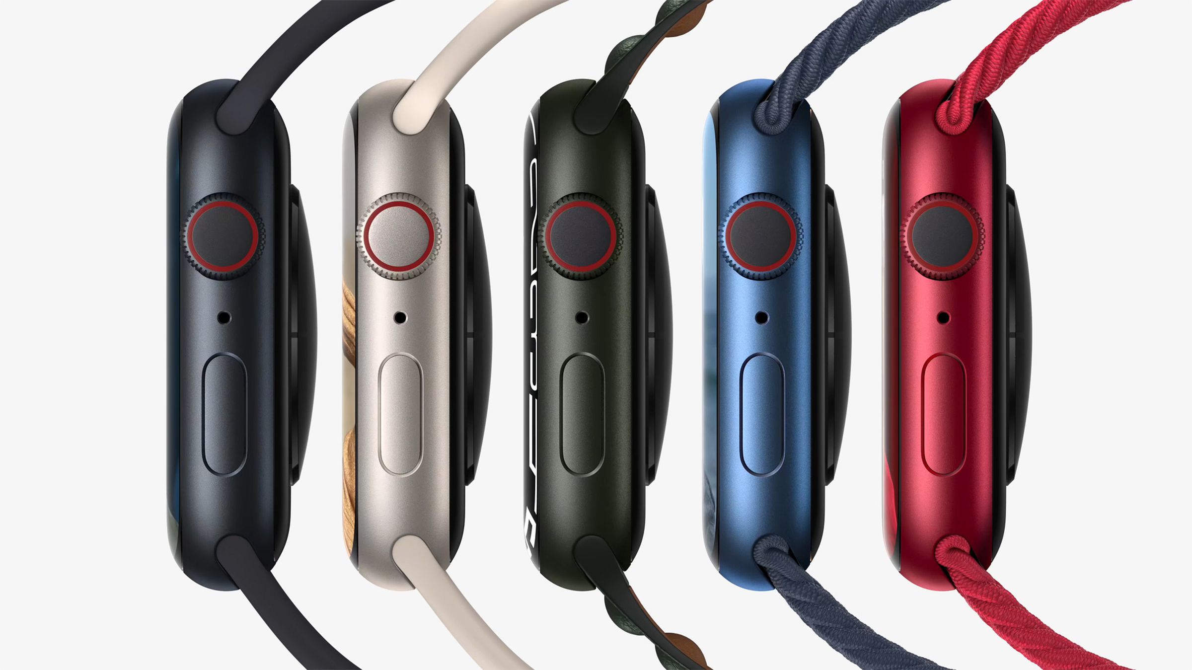 Apple Watch Series 7 in midnight, starlight, green, blue, and PRODUCT (RED).