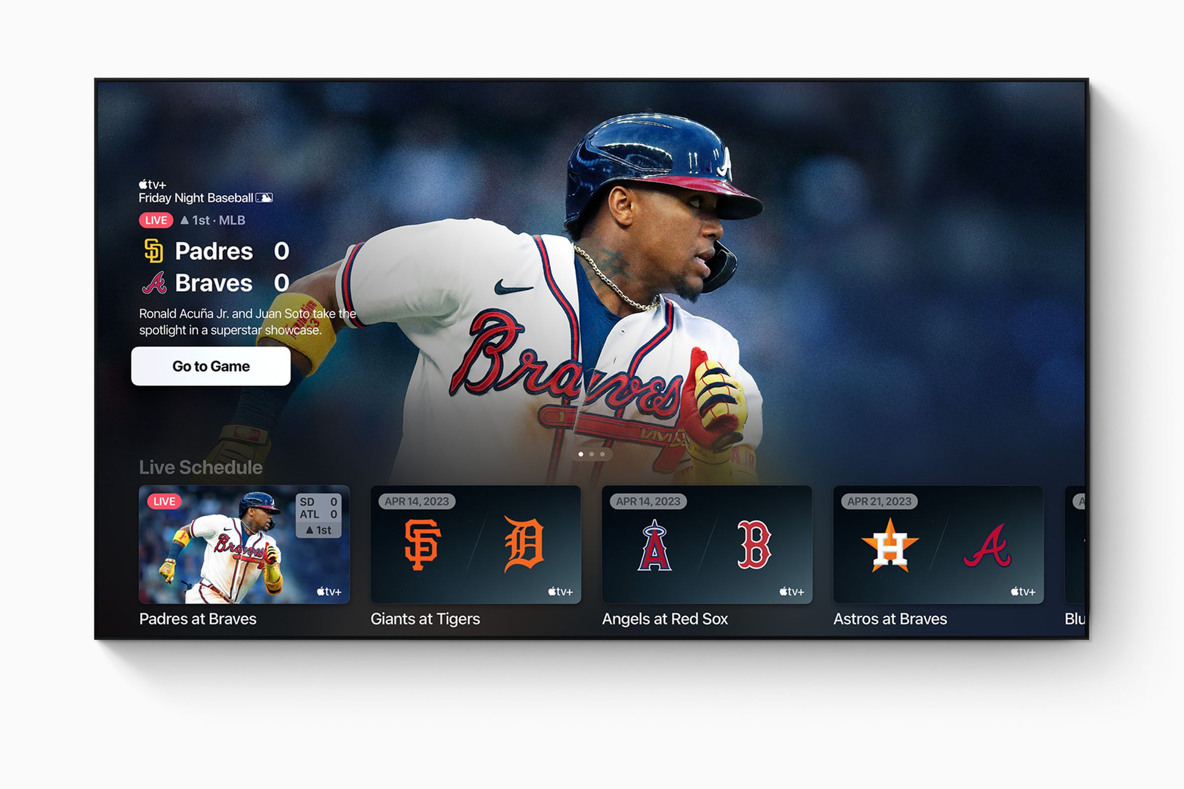 An image showing the Apple TV Plus interface with a Friday Night Baseball game playing