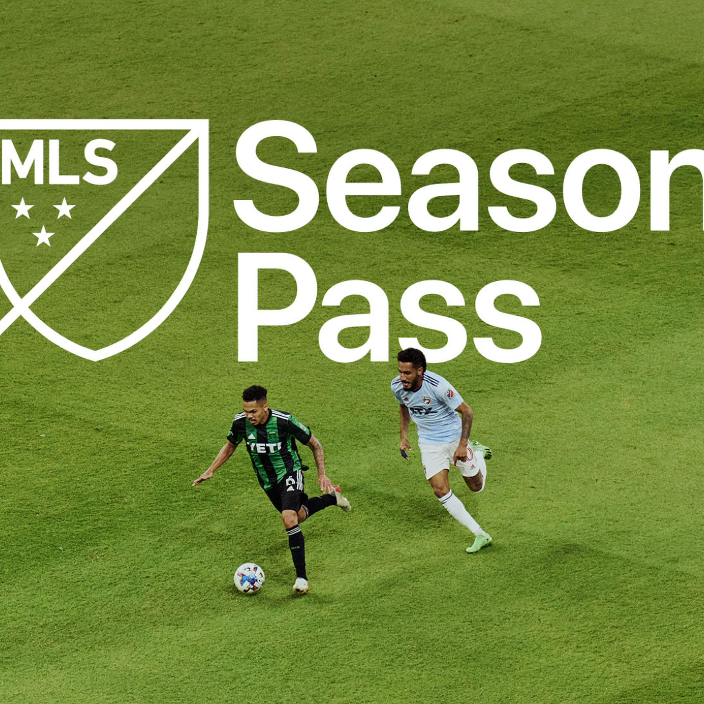 An image showing Apple’s MLS season pass logo with a soccer field in the background