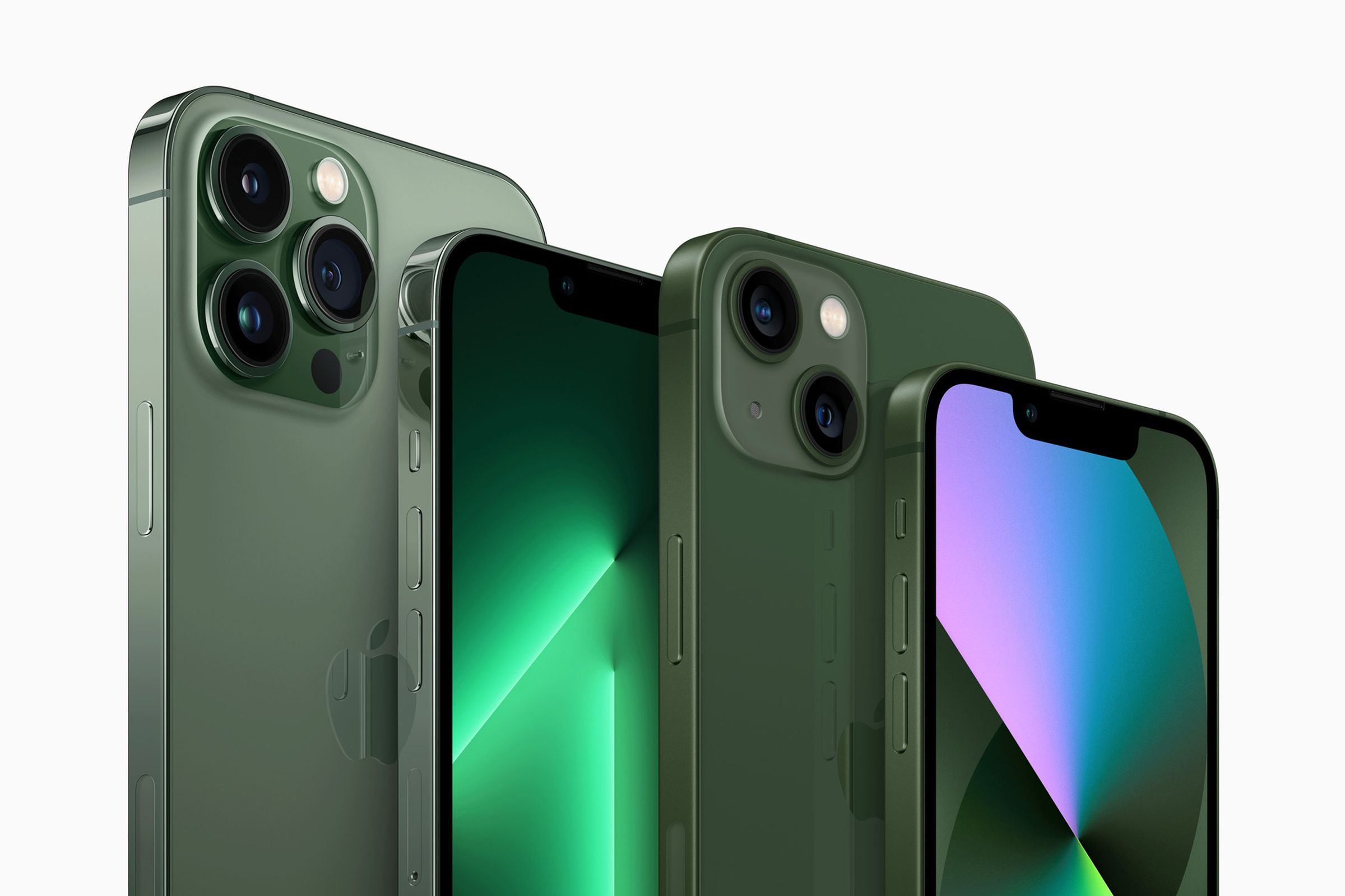 The iPhone 13 gets green, while the iPhone 13 Pro gets “alpine green.”