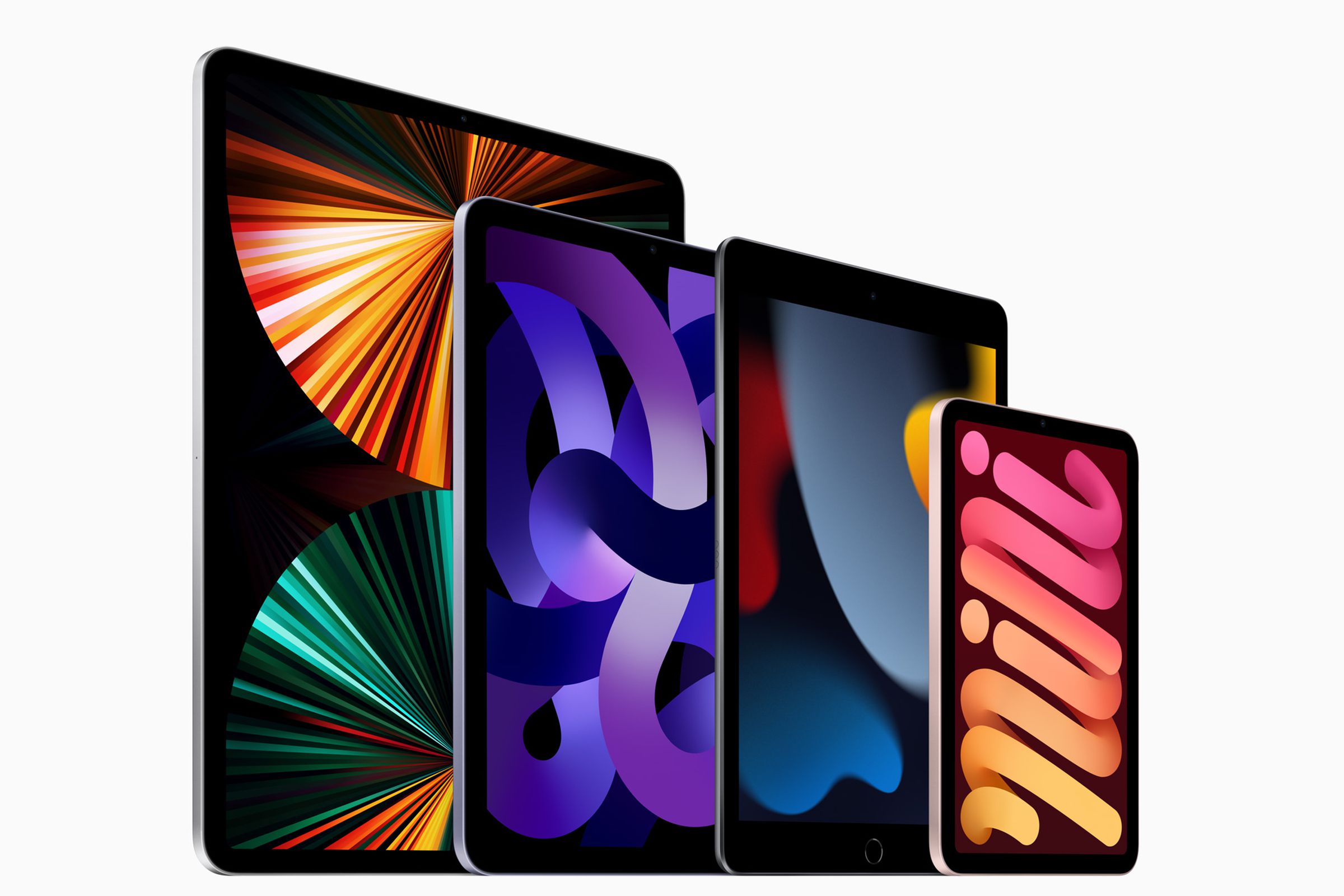 The latest iPad Pro, iPad Air, iPad, and iPad Mini (from left to right).