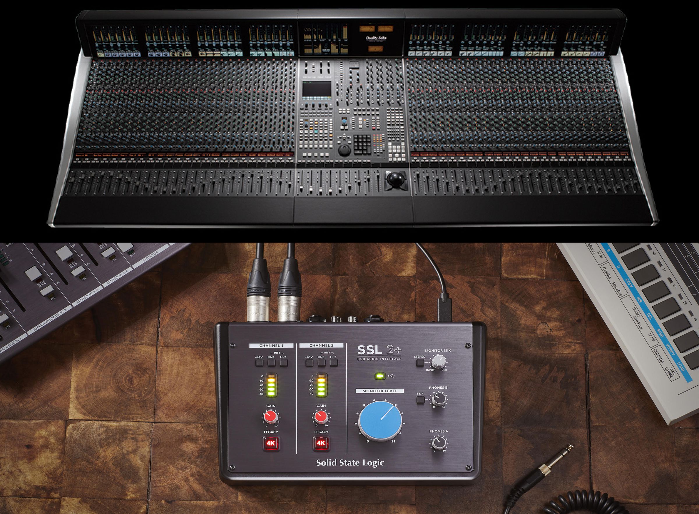 SSL’s professional Duality console compared to its new SSL 2+ for home studios.