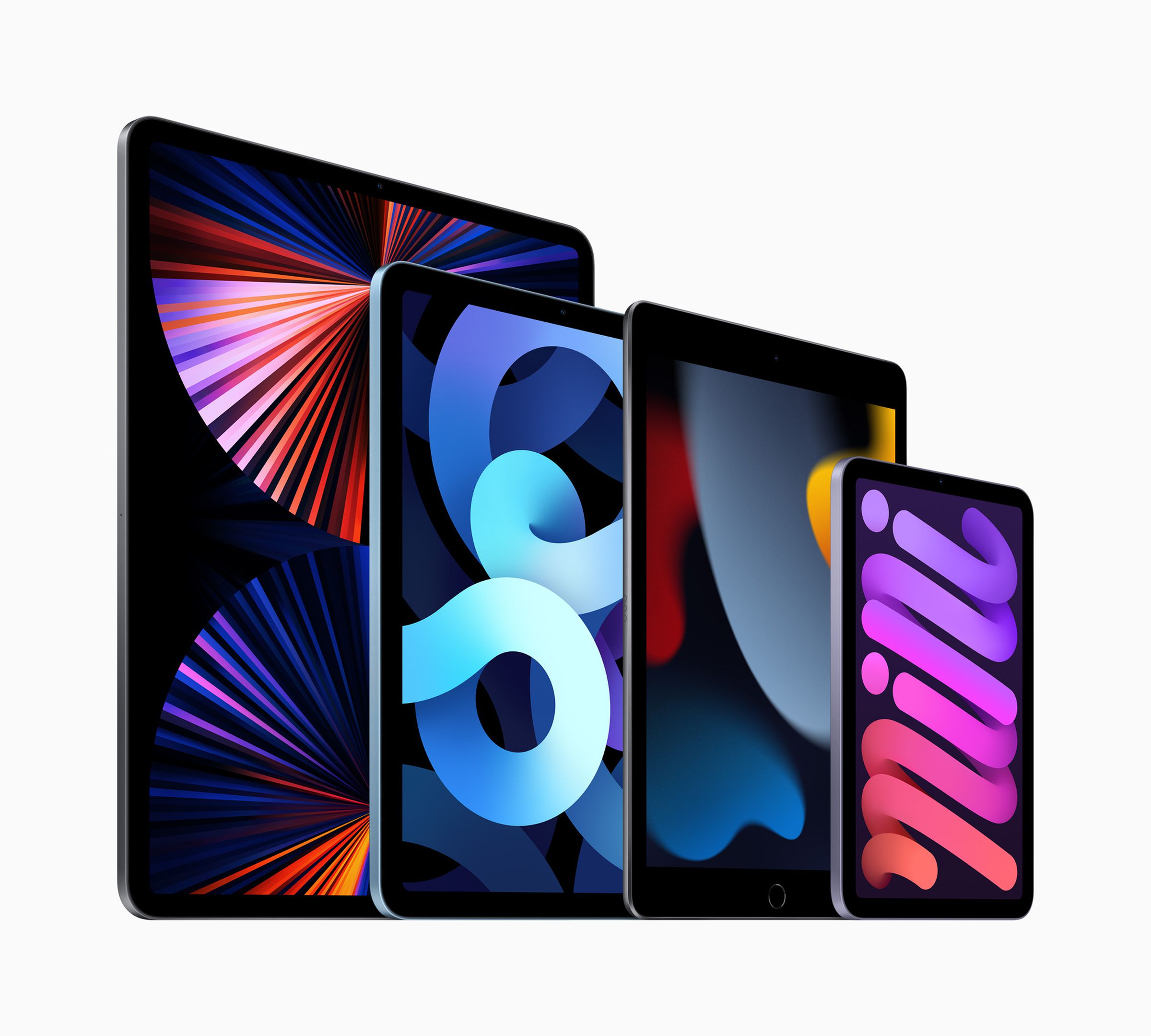 The 2021 iPad (second from the right) remains Apple’s most affordable tablet.