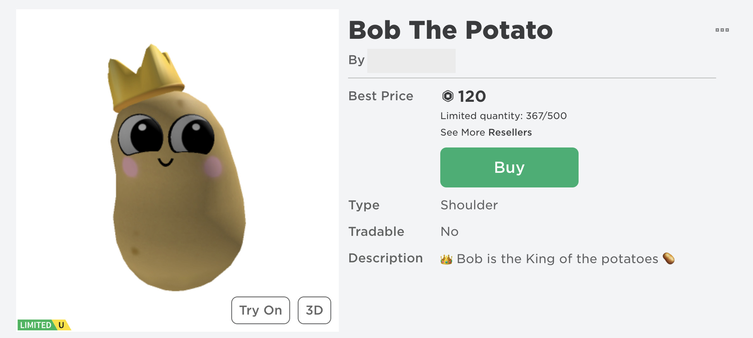 An image of a potato with a crown that’s for sale on the Roblox Avatar Shop.