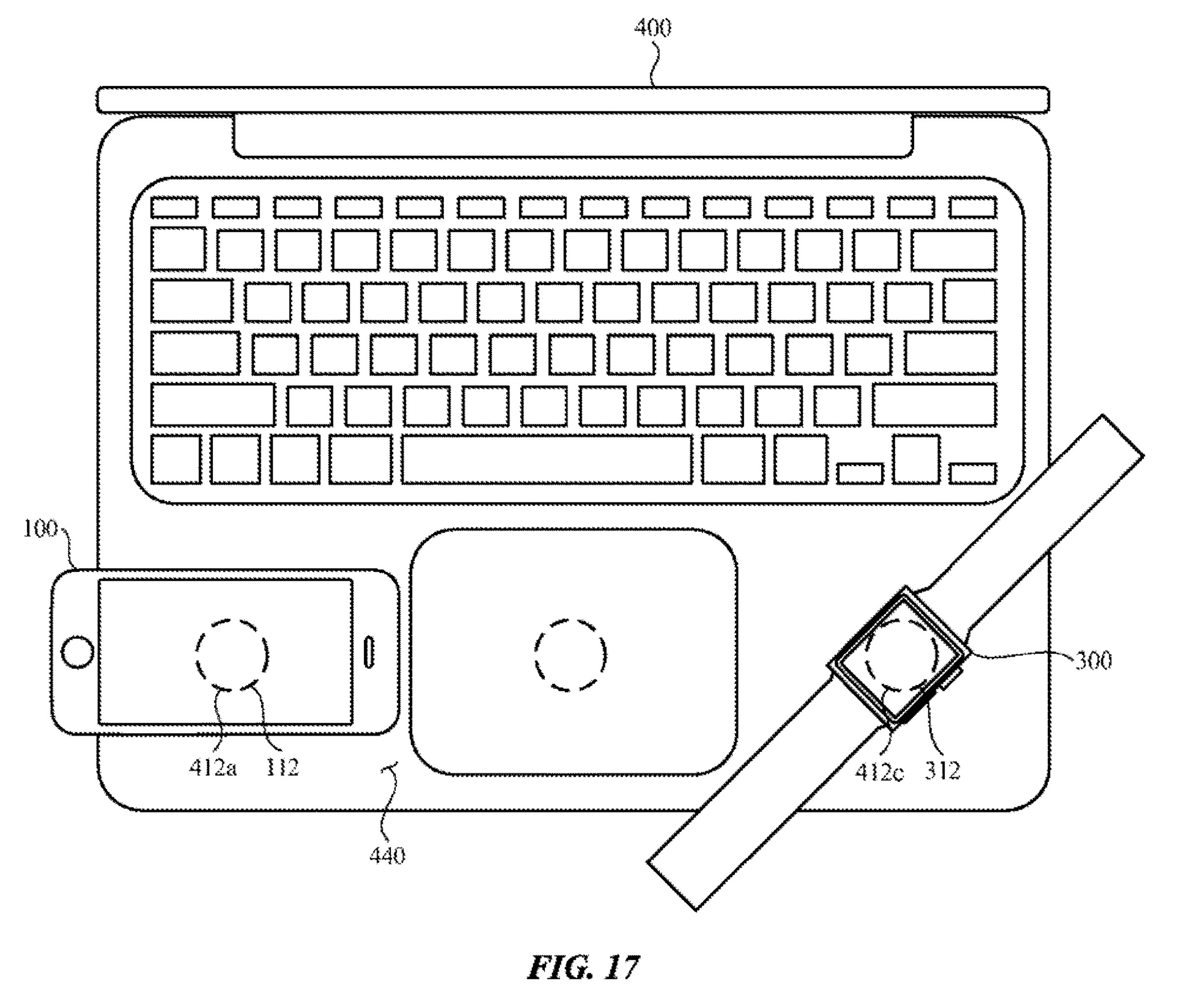 The patent shows a future MacBook device charging an iPhone and Apple Watch, though this configuration would make it tricky to use the computer.