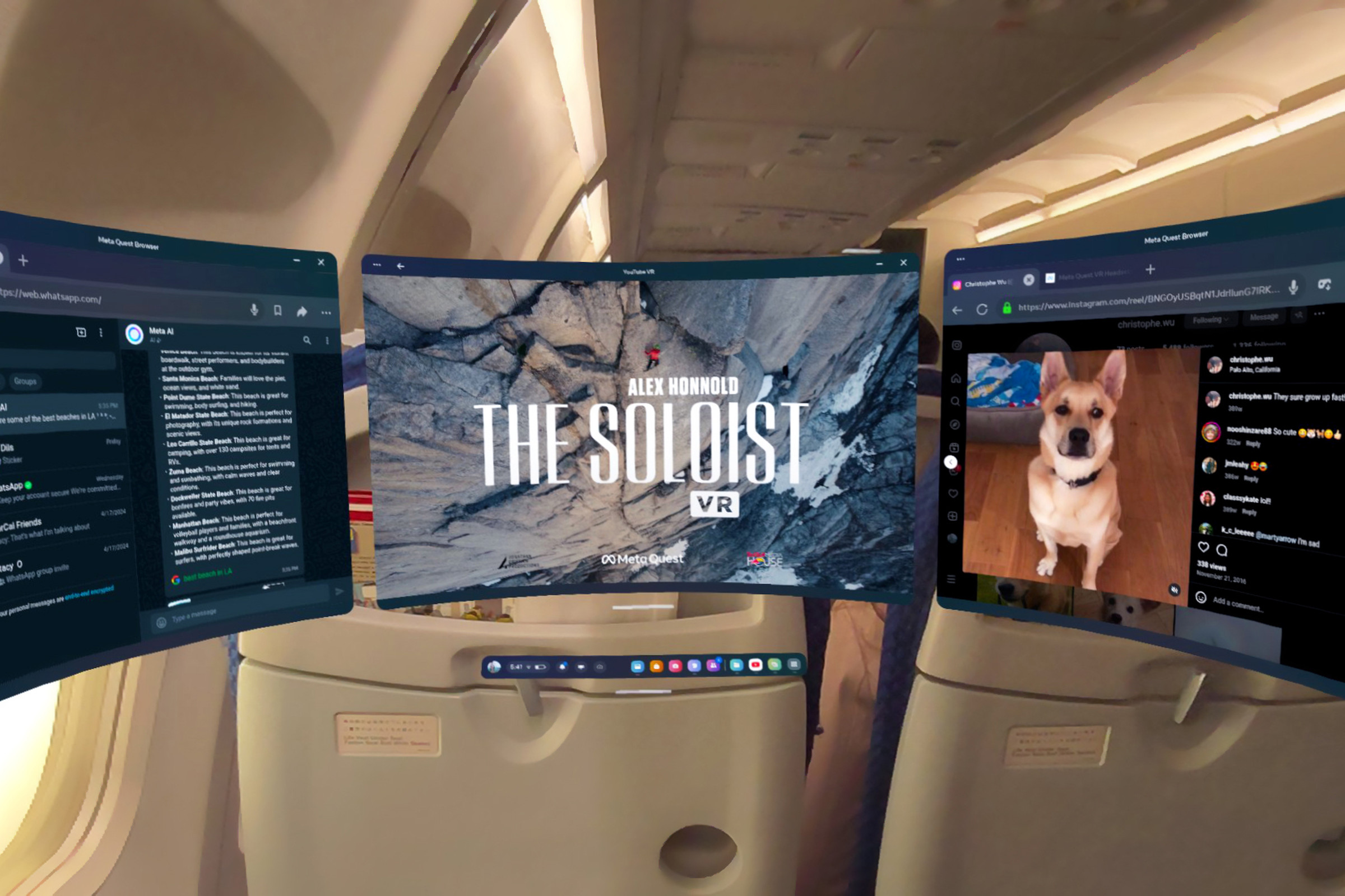Three windows being used in Quest passthrough on an airplane.