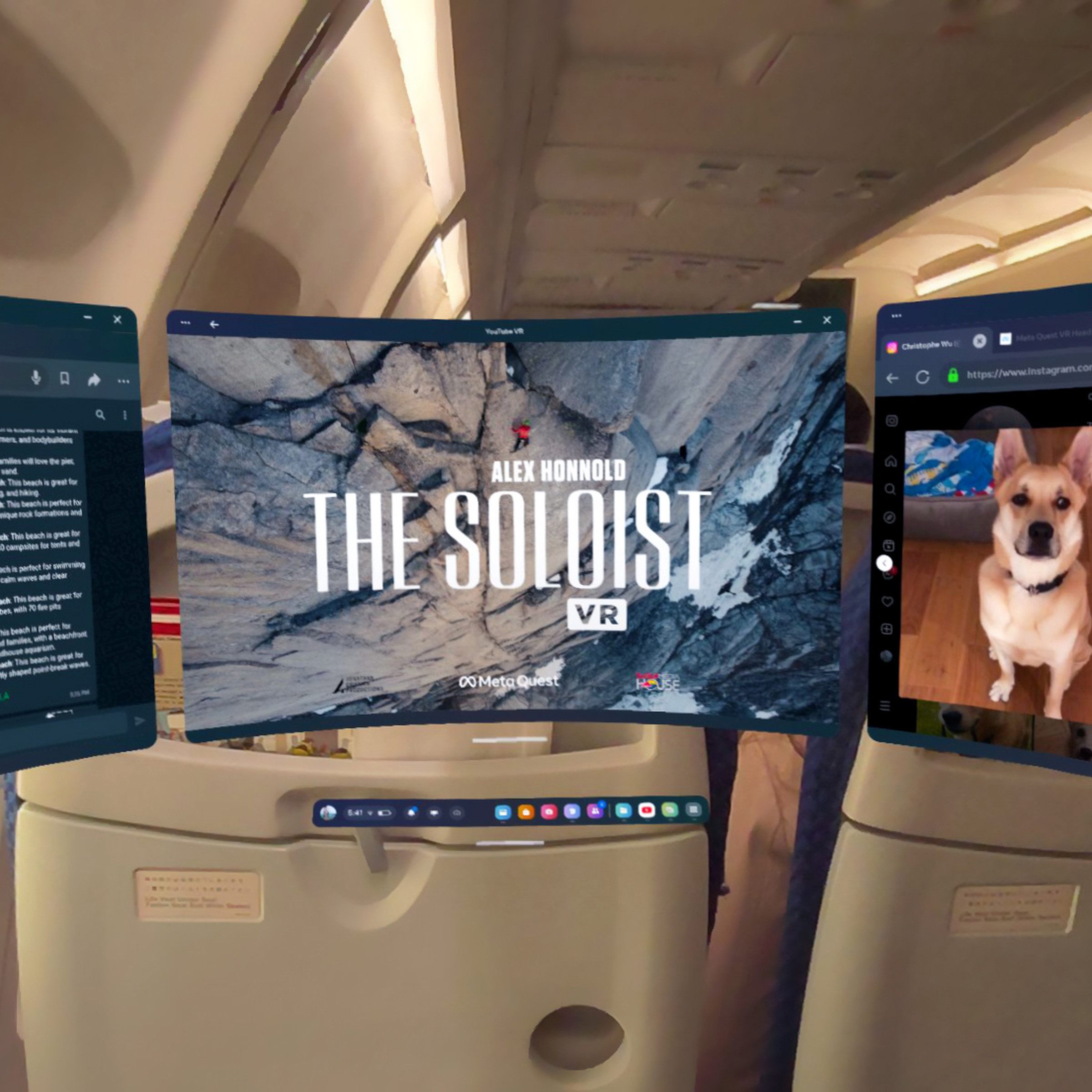 Three windows being used in Quest passthrough on an airplane.