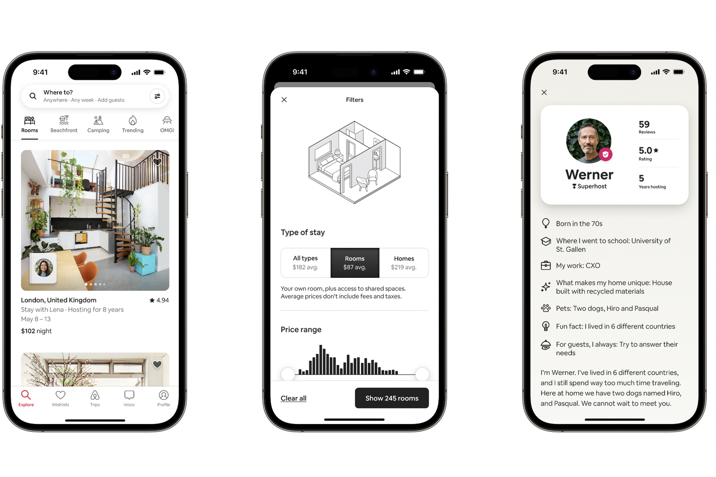 An image showing three mobile screenshots of Airbnb’s Rooms feature