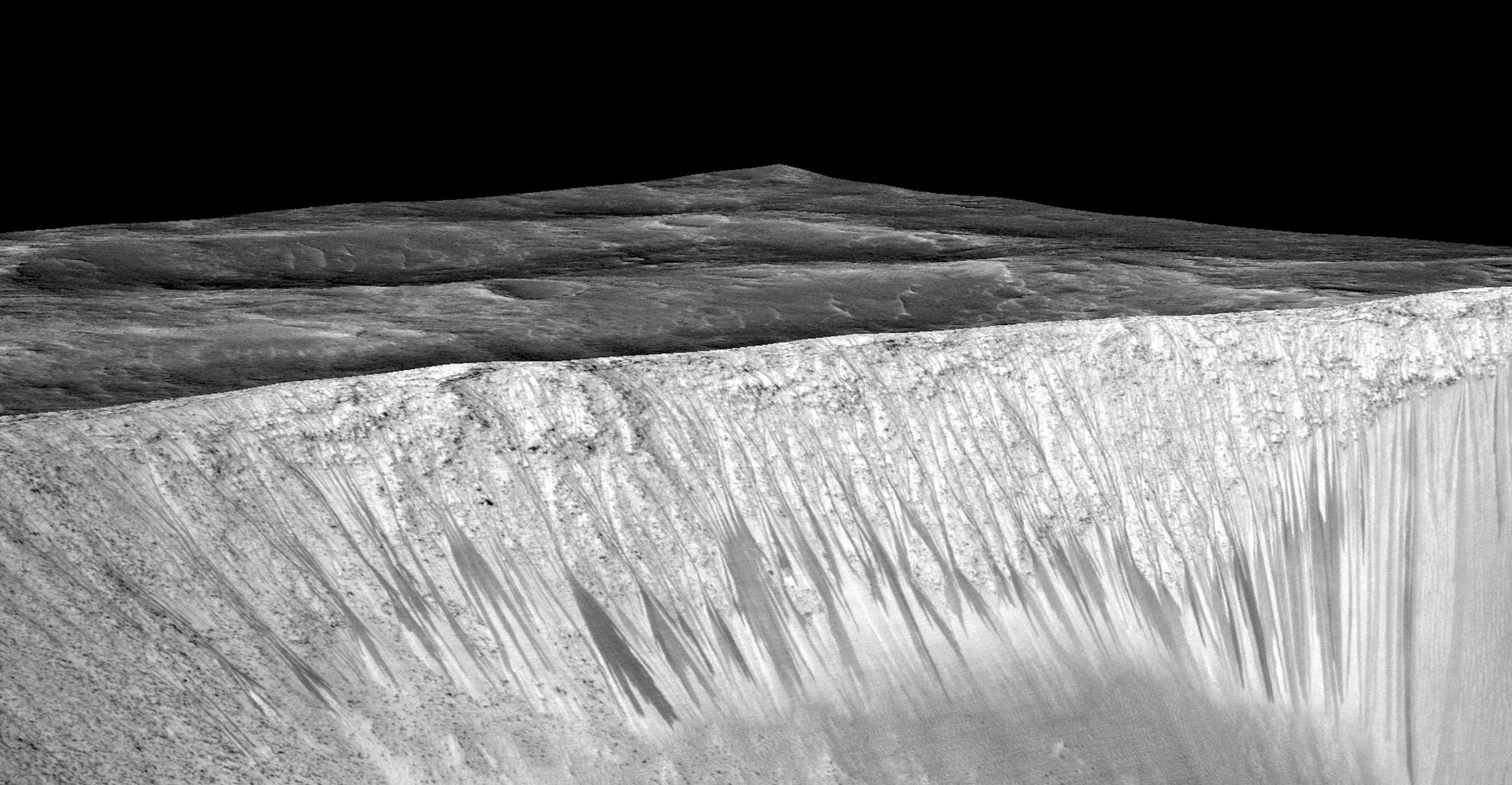 Dark streaks on Mars’ Garni Crater known as recurring slope lineae. NASA and other scientists believe these are created by flowing salty water.