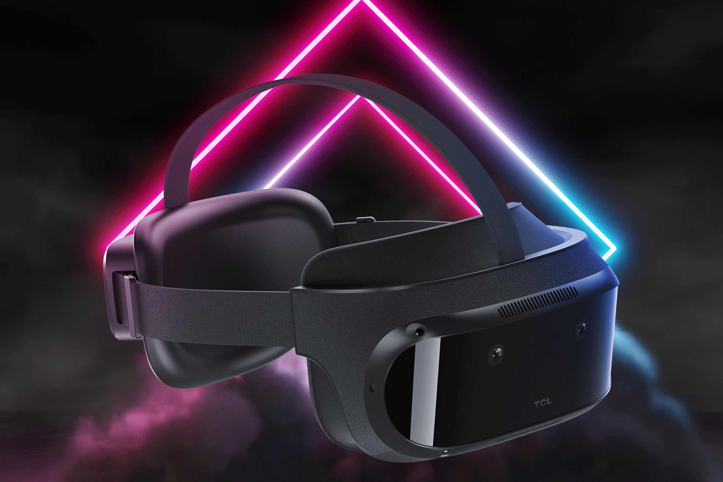 VR headset rendering on black background with neon purple and blue light.