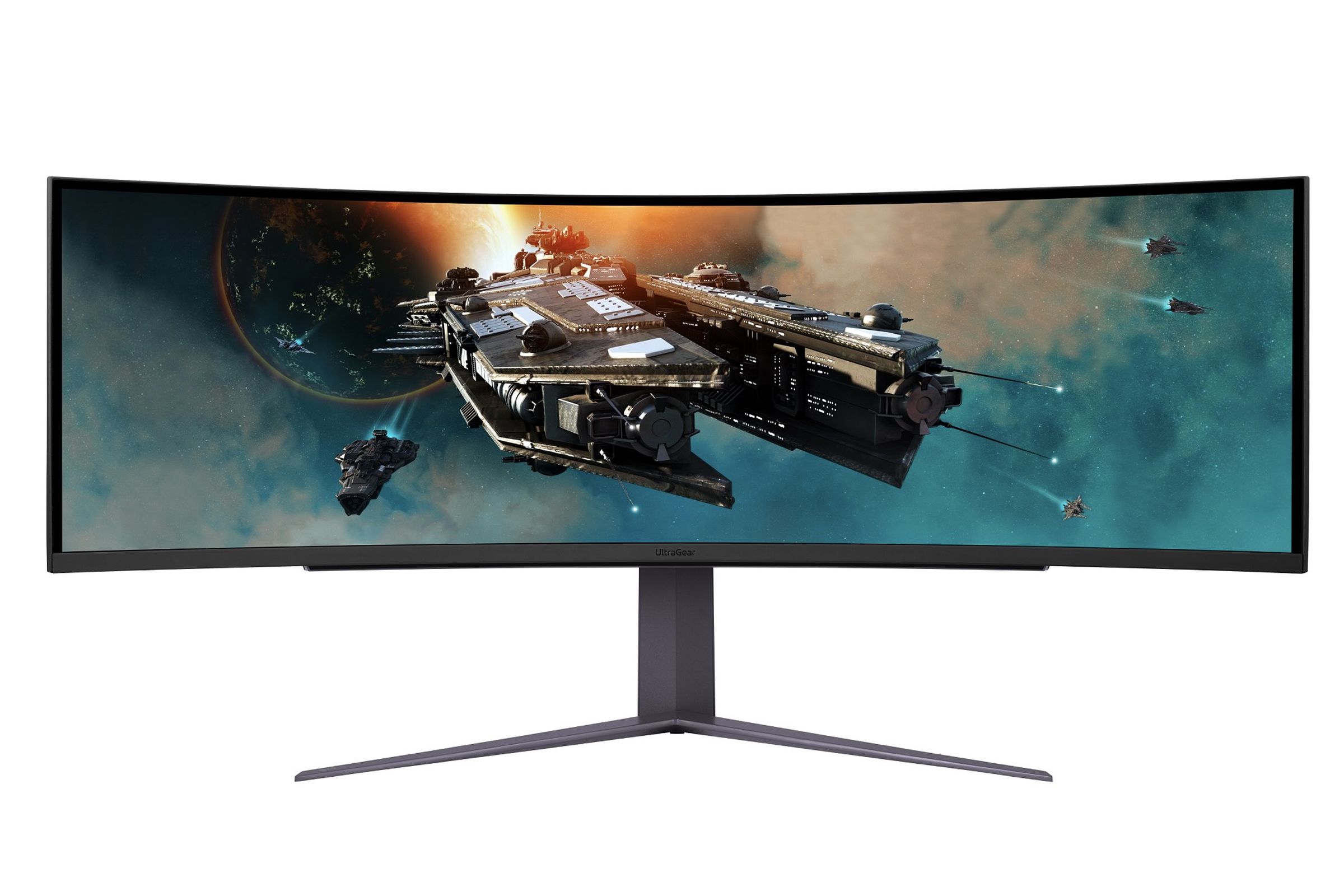 LG ultragear 49-inch curved monitor has a V shaped stand and an off-set chin with a shiny “ultragear” etching
