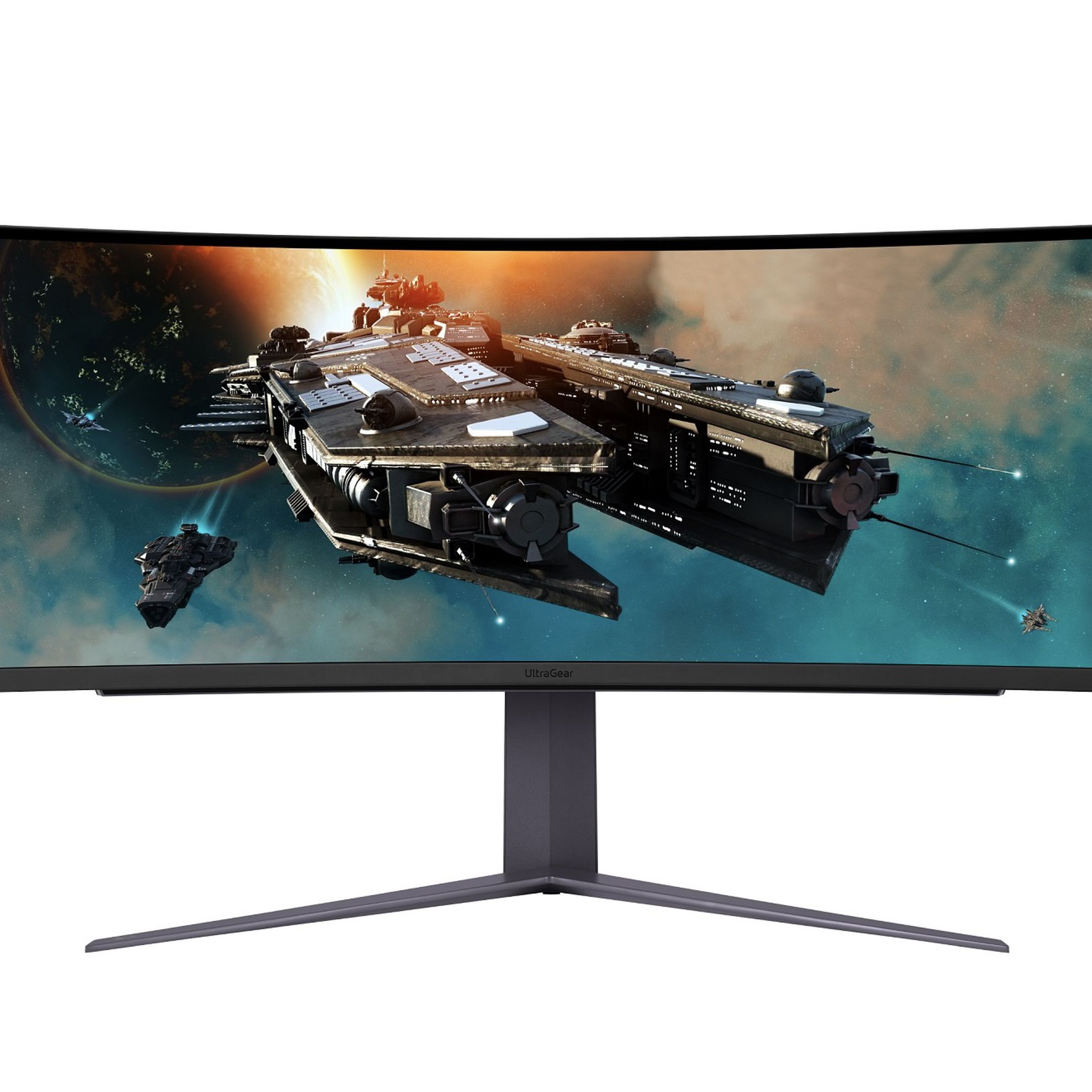 LG ultragear 49-inch curved monitor has a V shaped stand and an off-set chin with a shiny “ultragear” etching