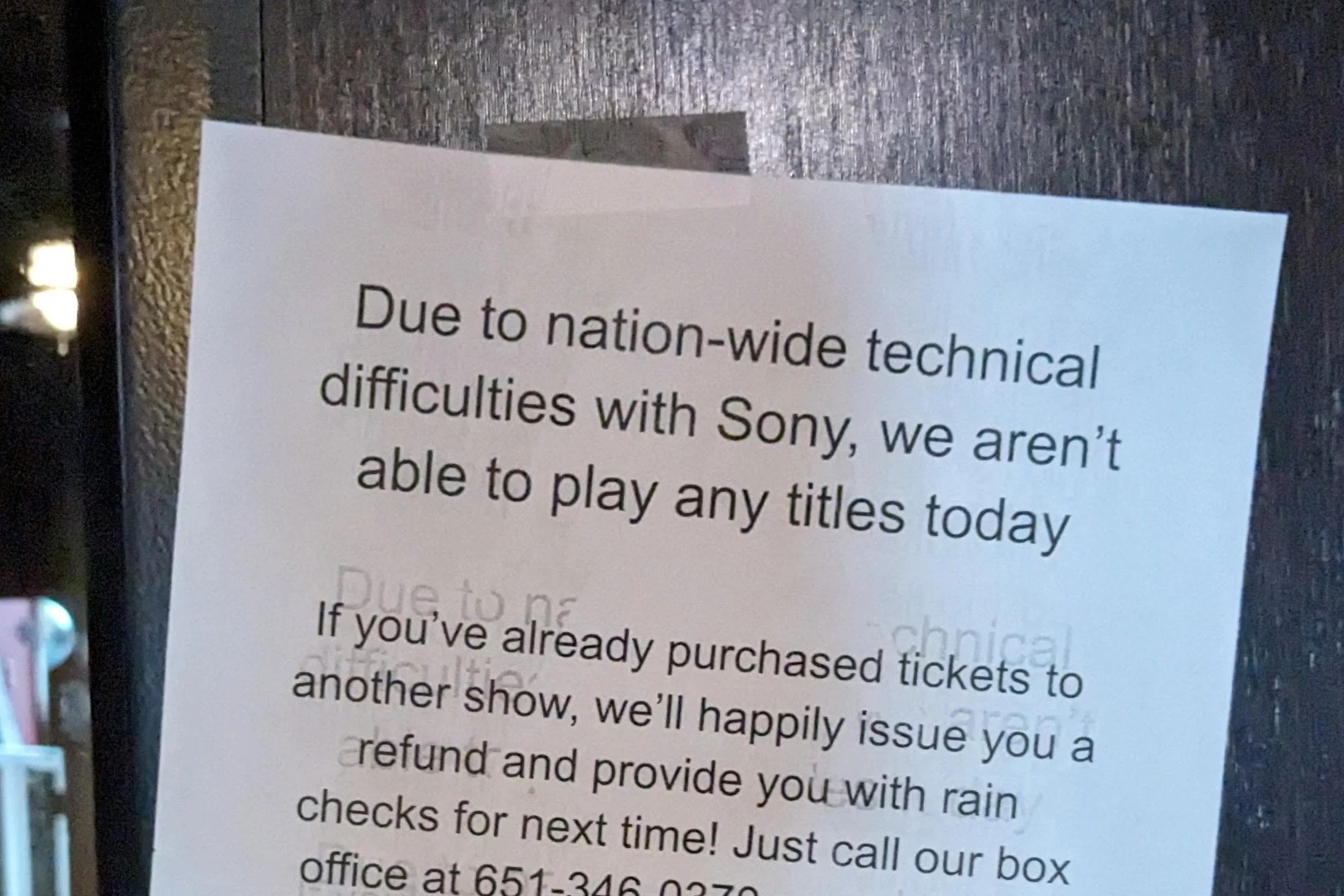 A sign reportedly placed at Alamo Drafthouse’s Minnesota location informing patrons that no films will be shown that day.