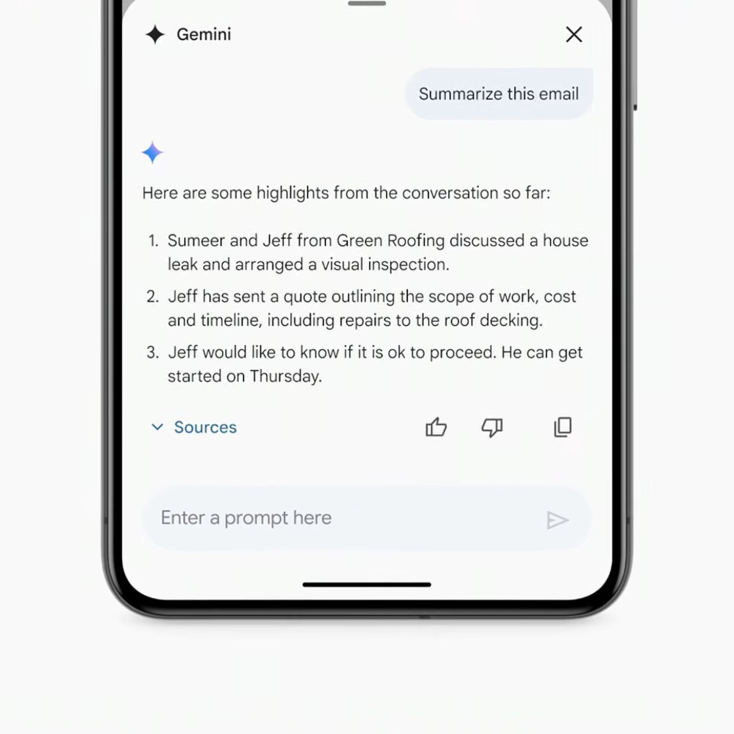 Screenshot showing a summary of an email thread provided by Gemini in the Gmail app.
