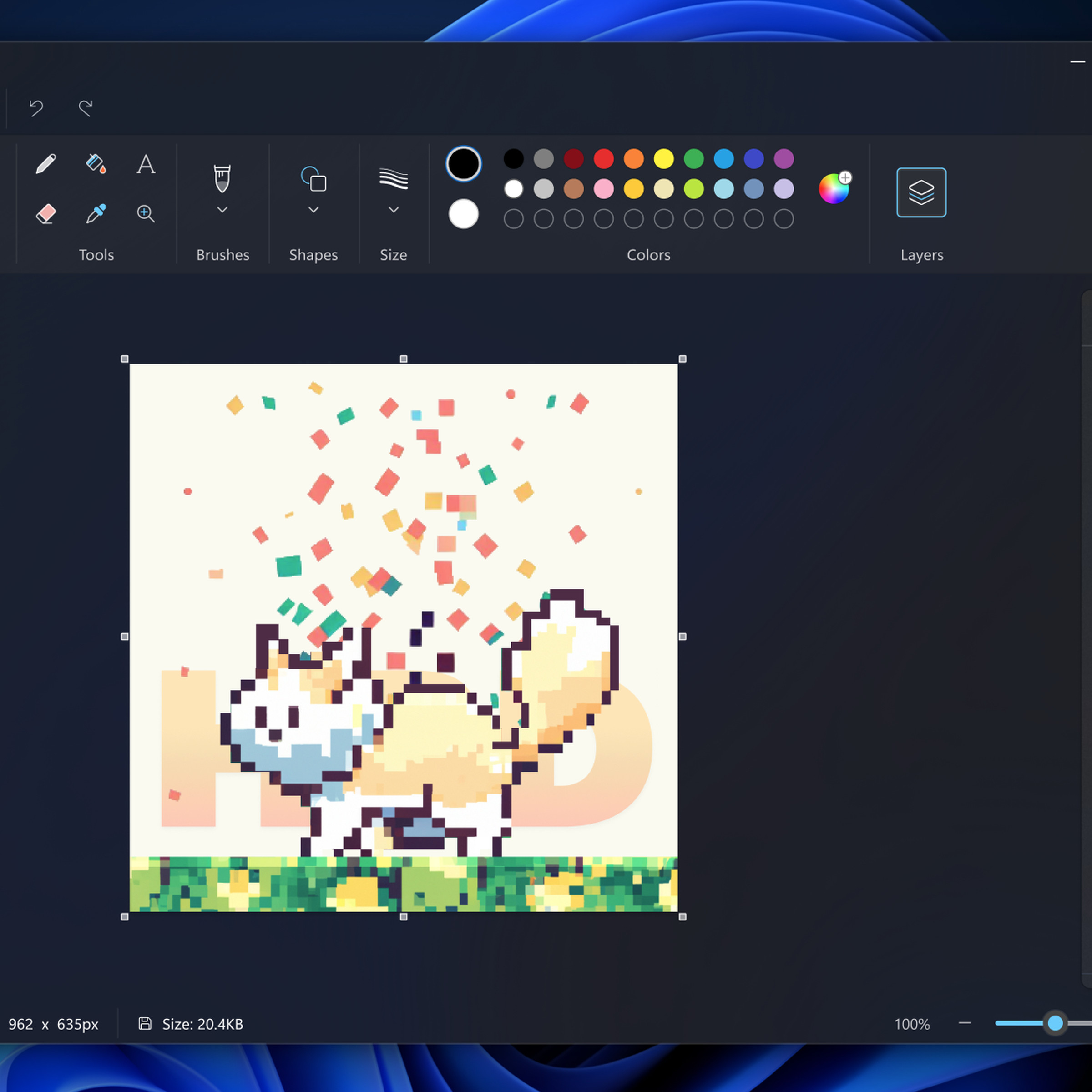 A screenshot of Microsoft Paint on Windows using a new layers feature.