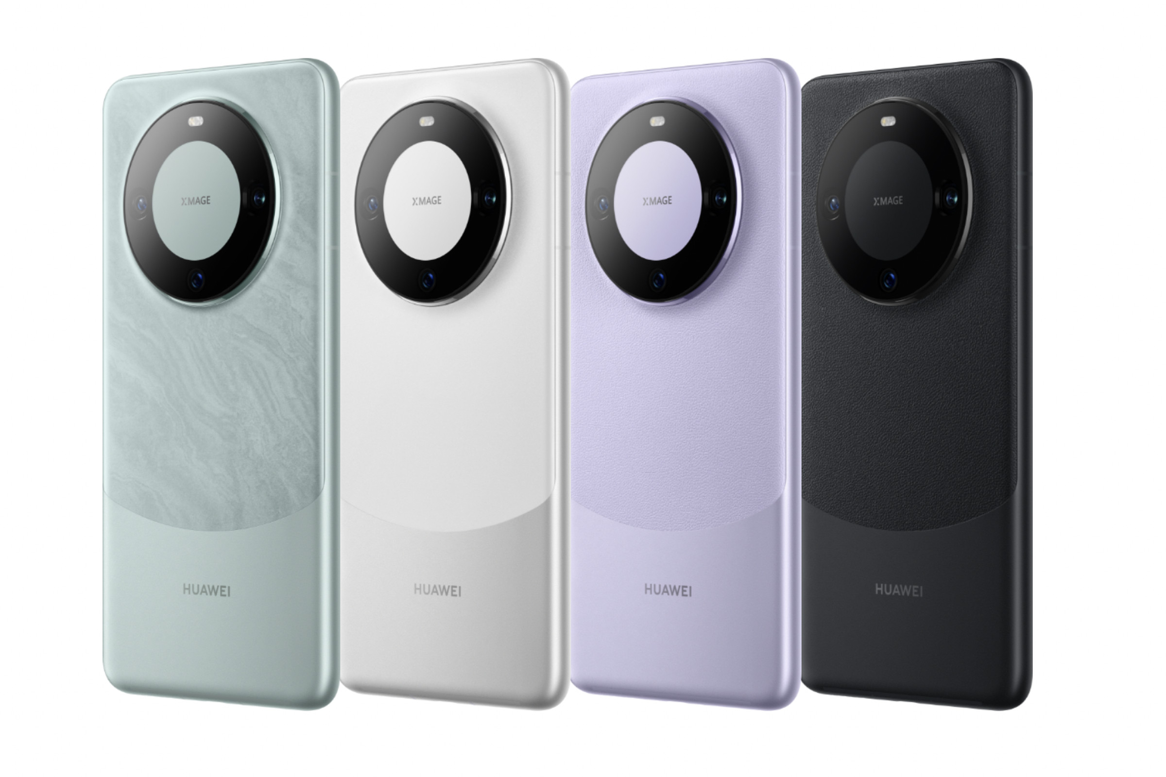 An image showing the Huawei Mate 60 Pro in green, silver, purple, and black