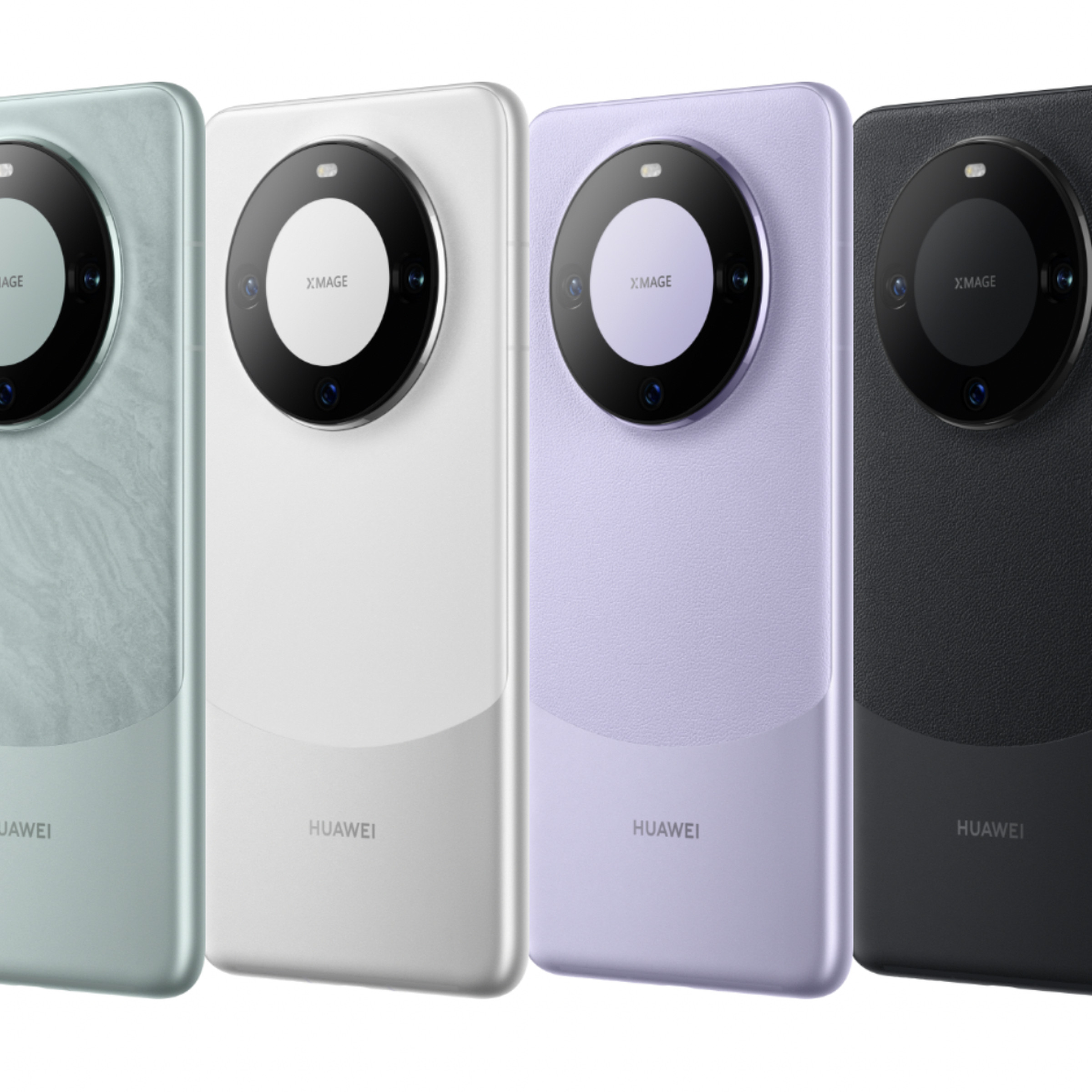 An image showing the Huawei Mate 60 Pro in green, silver, purple, and black