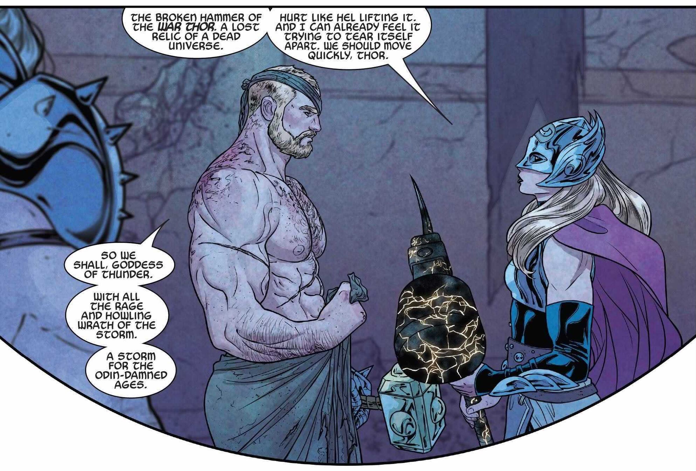 Odinson and Mighty Thor discussing War Thor’s hammer.