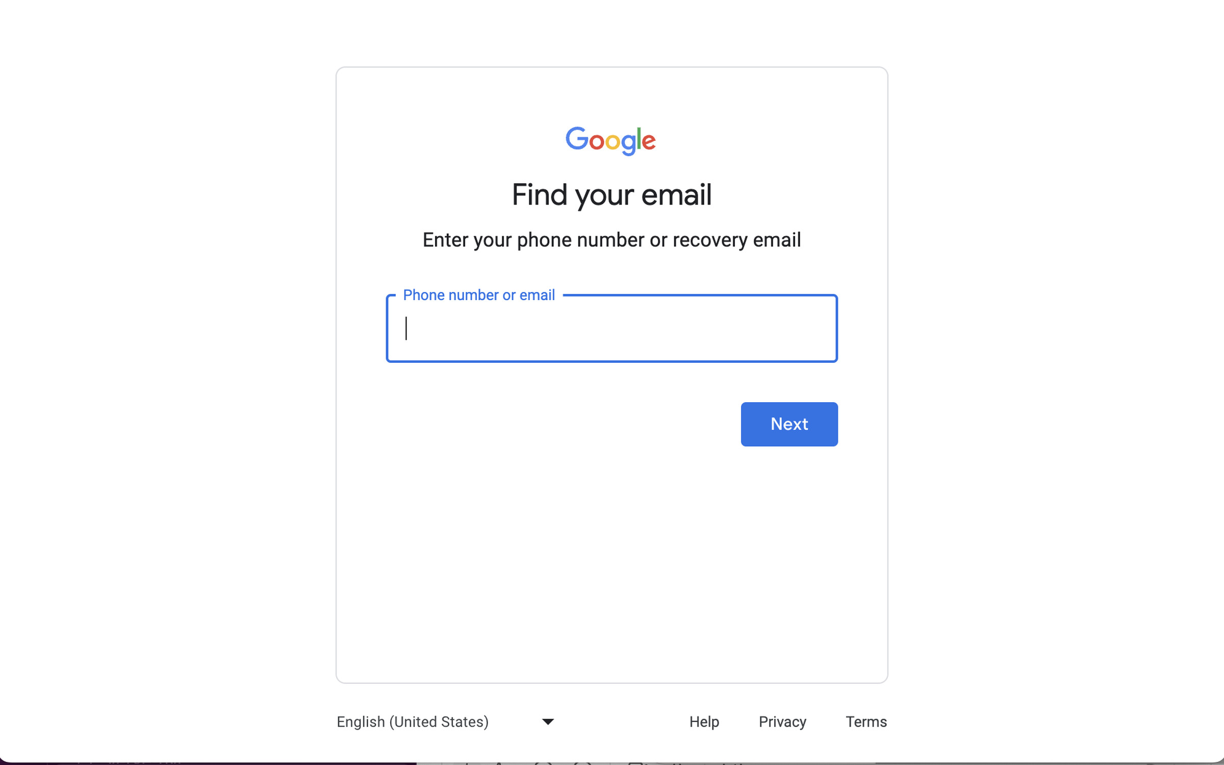 Google page with “find your email” on top, then “Enter your phone number or recovery email,” then an entry space, then a Next button.