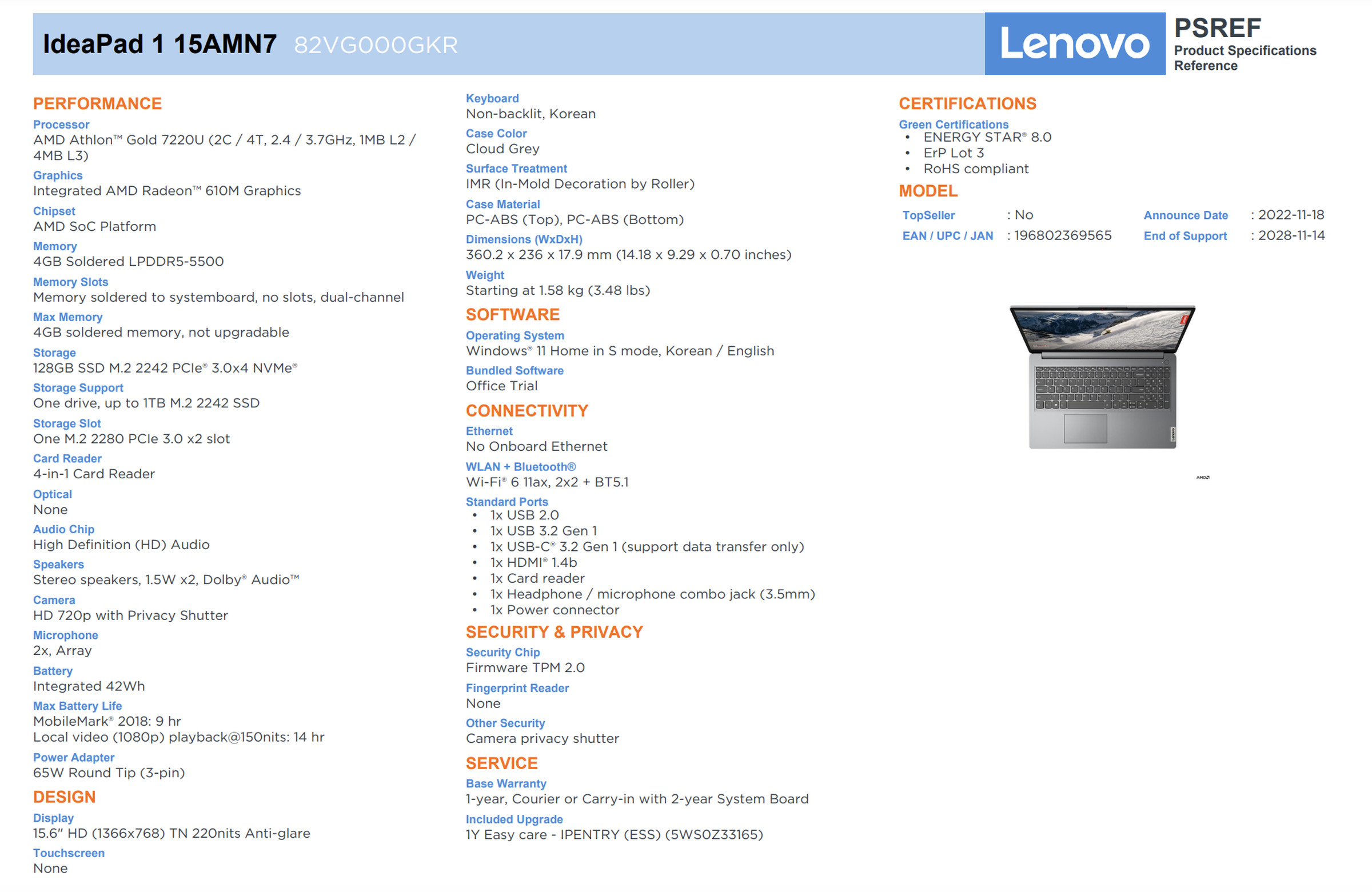 A screenshot of a PDF of an IdeaPad 1 showing an Athlon Gold 7220U processor.