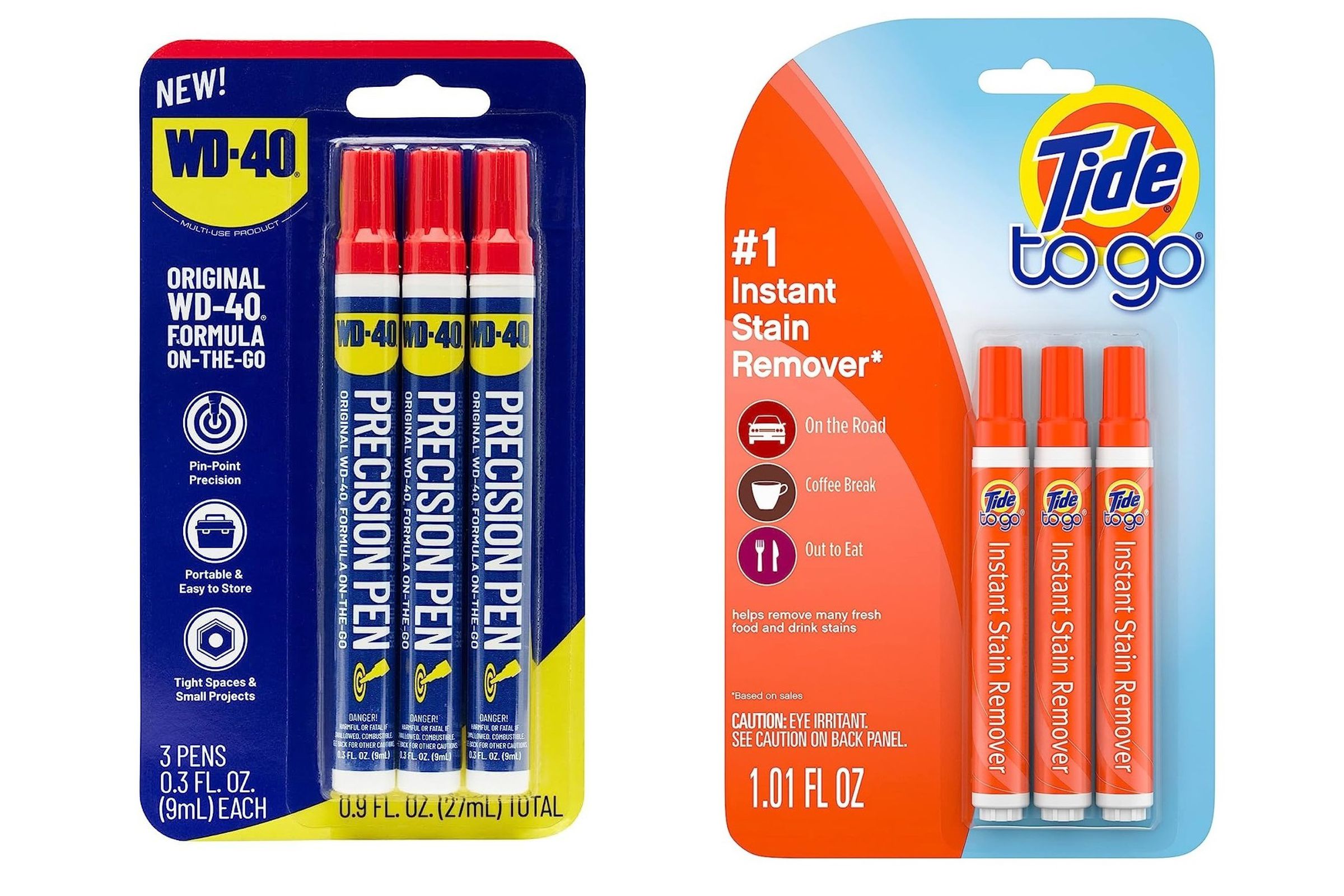 comparing the packages of Tide To Go and the new WD-40 Precision Pen, which look like the same idea