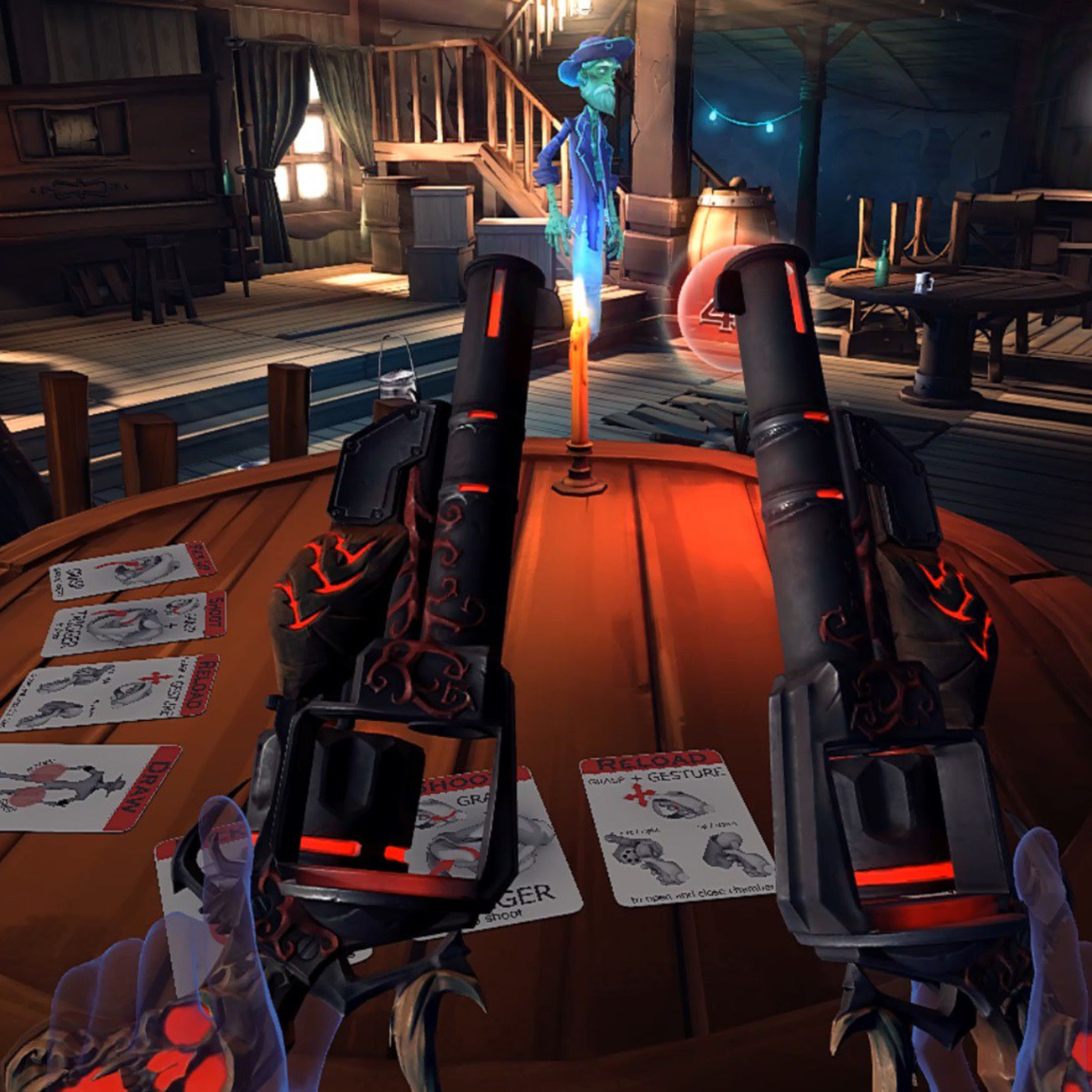 POV: a pair of drawn demonic pistols above a card game in a saloon.