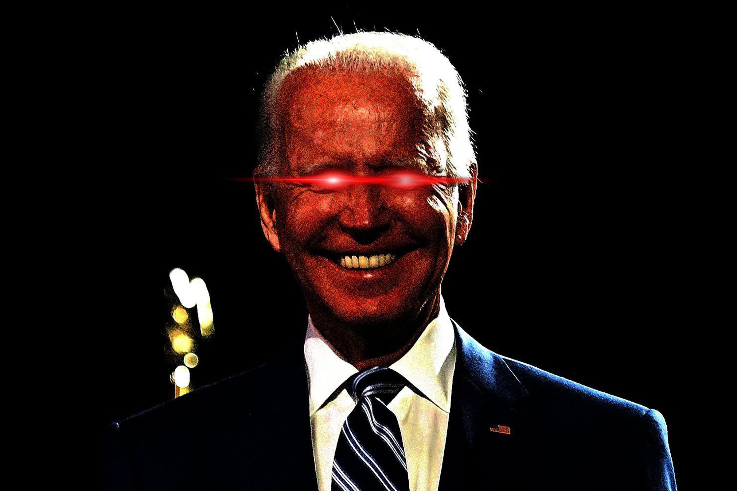 An image of President Joe Biden edited to replace his eyes with red laser beams.