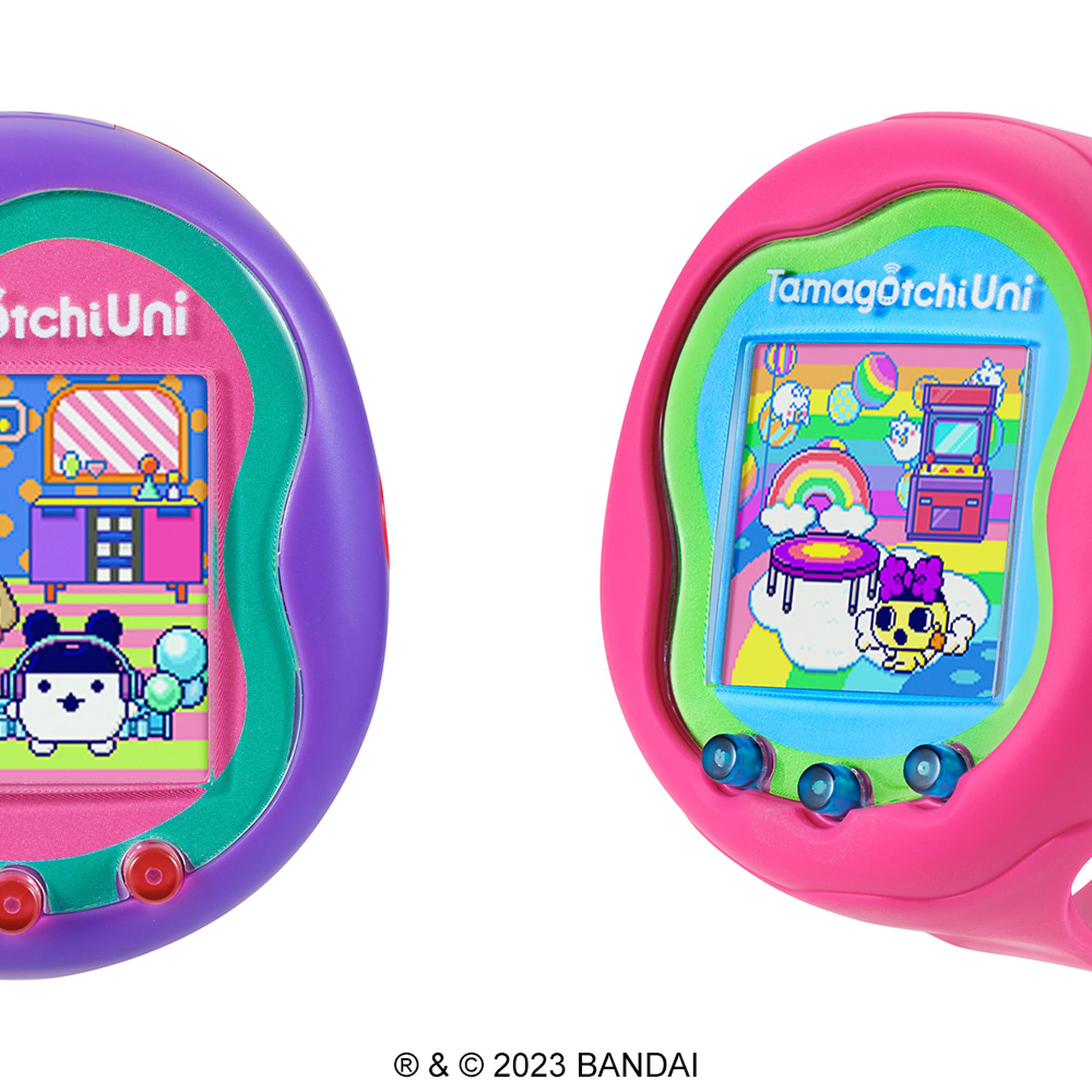 The new Tamagotchi Uni and one in the wristband case.