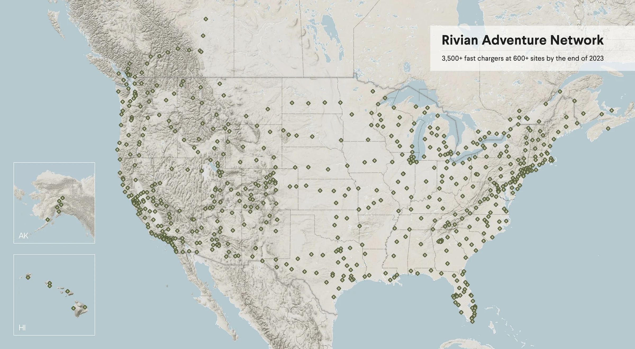 A map of the 3,500 fast chargers Rivian is planning at 600 sites