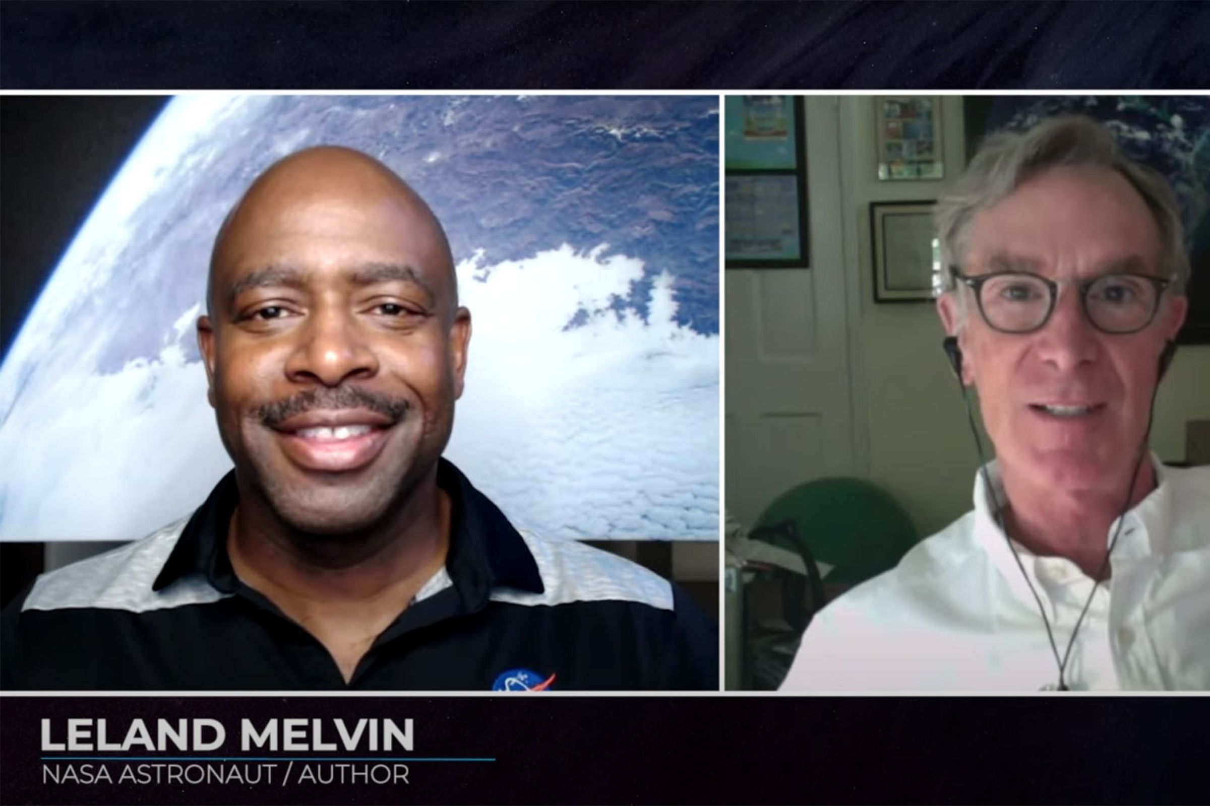 Leland Melvin and Bill Nye on a video call