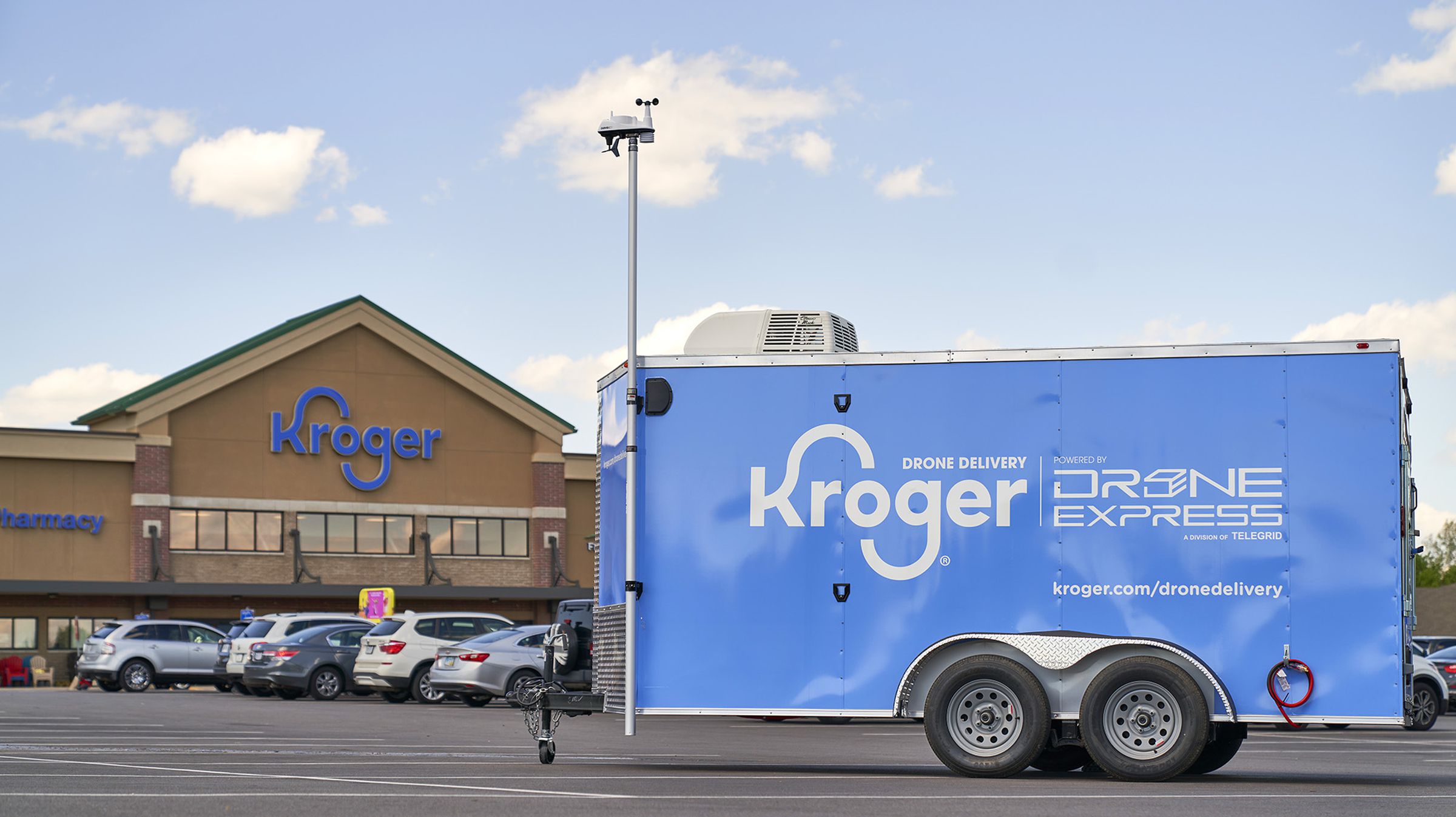 A Drone Express flight management trailer parked at Krogers.