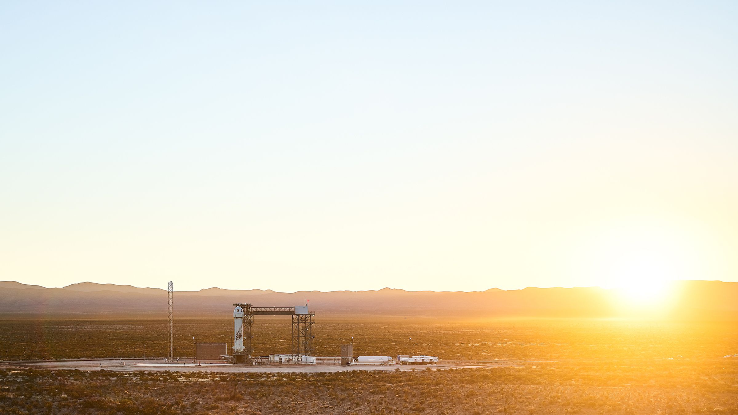 Blue Origin’s New Shepard rocket on the launchpad in Texas.