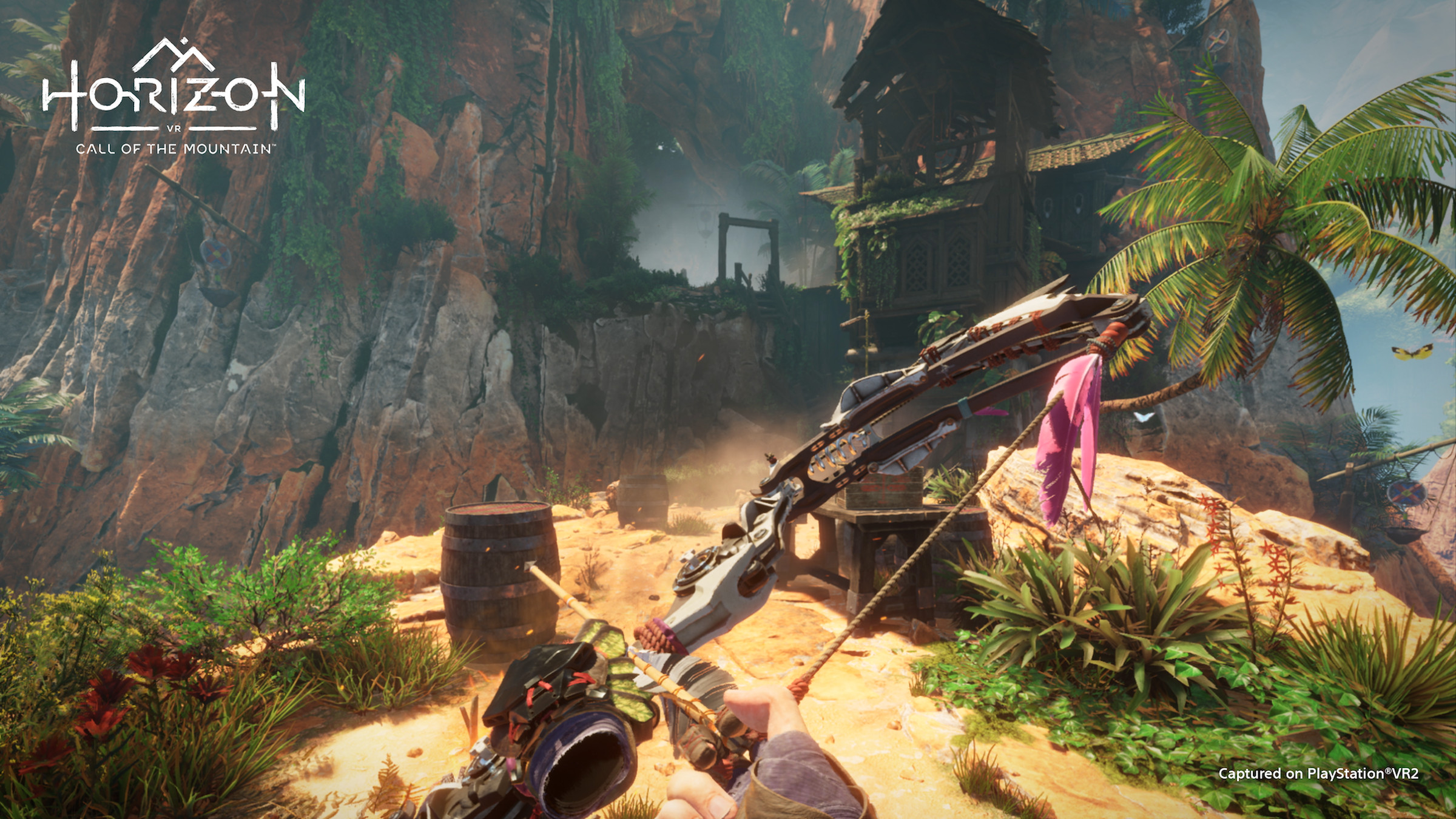 A screenshot of a player holding a bow and arrow in the PSVR2 game Horizon Call of the Mountain.