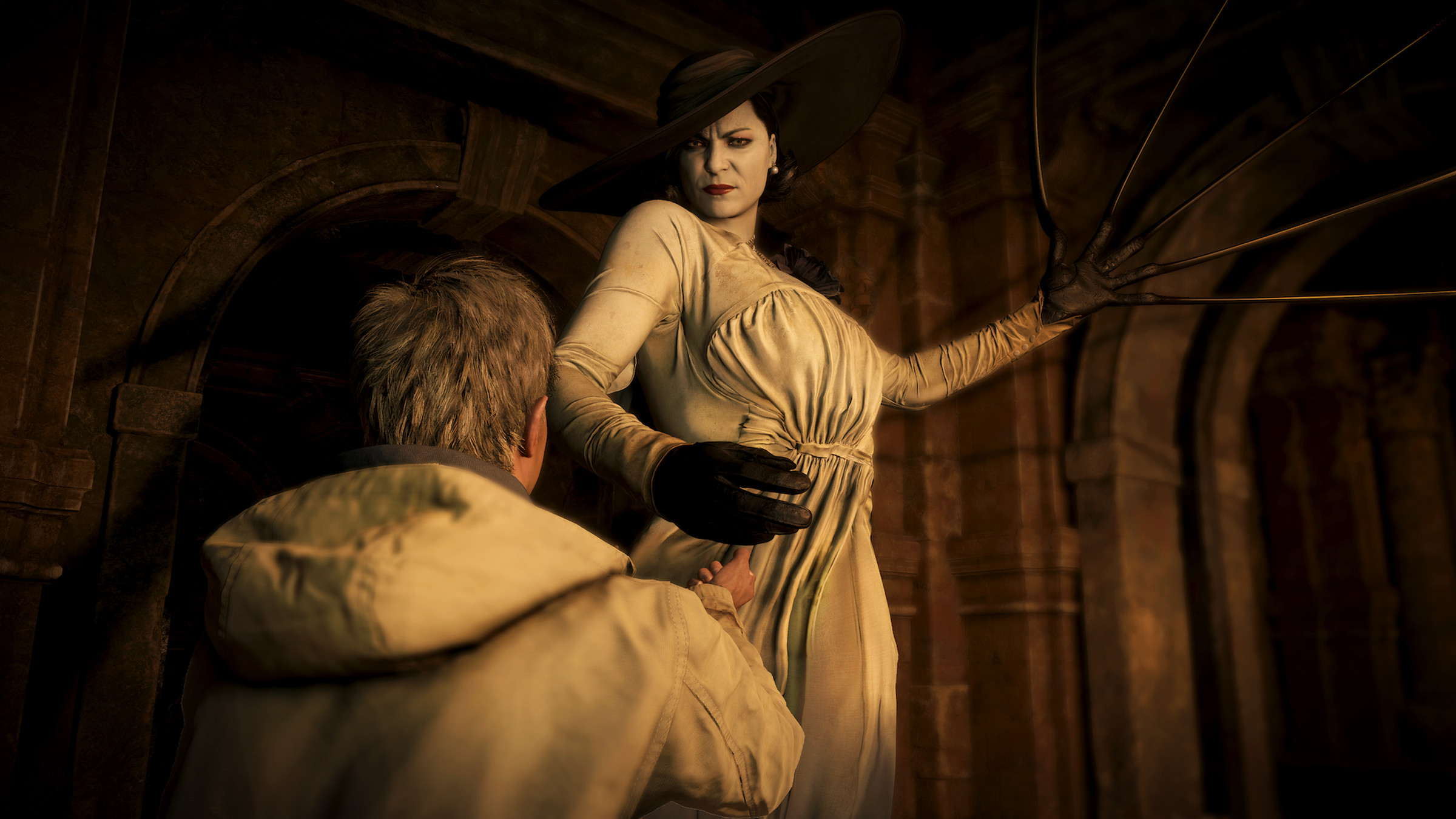 In a screenshot from Resident Evil Village, protagonist Ethan Winters pleads in front of Lady Dimitrescu.