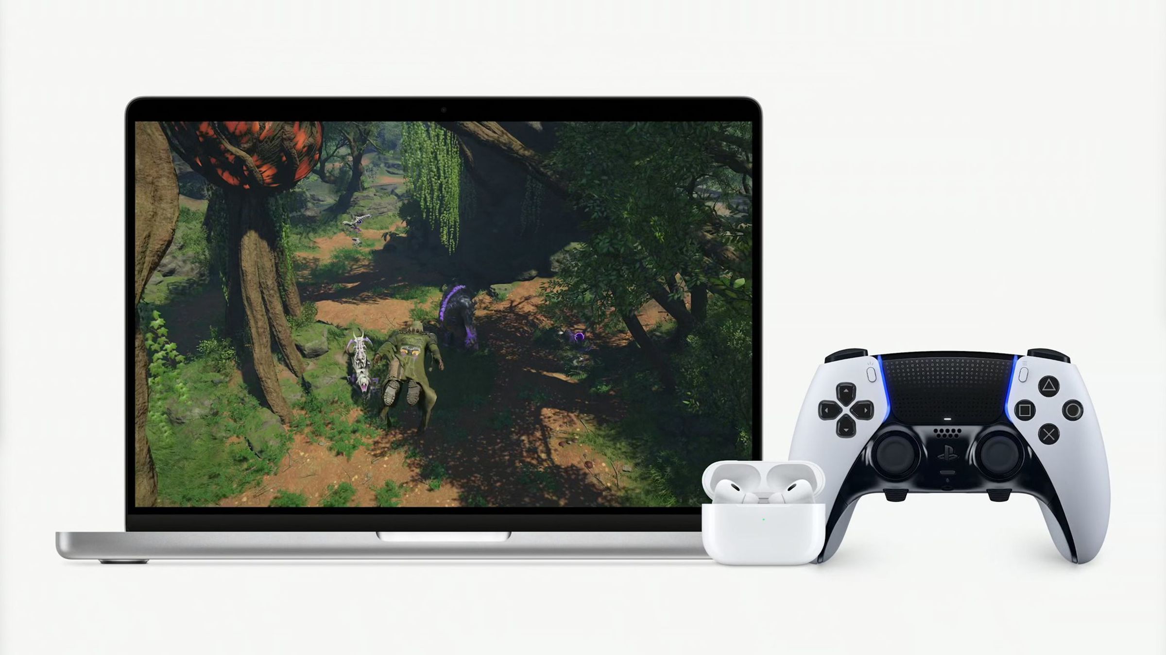 Apple MacBook shown with DualSense PS5 controller and AirPods.