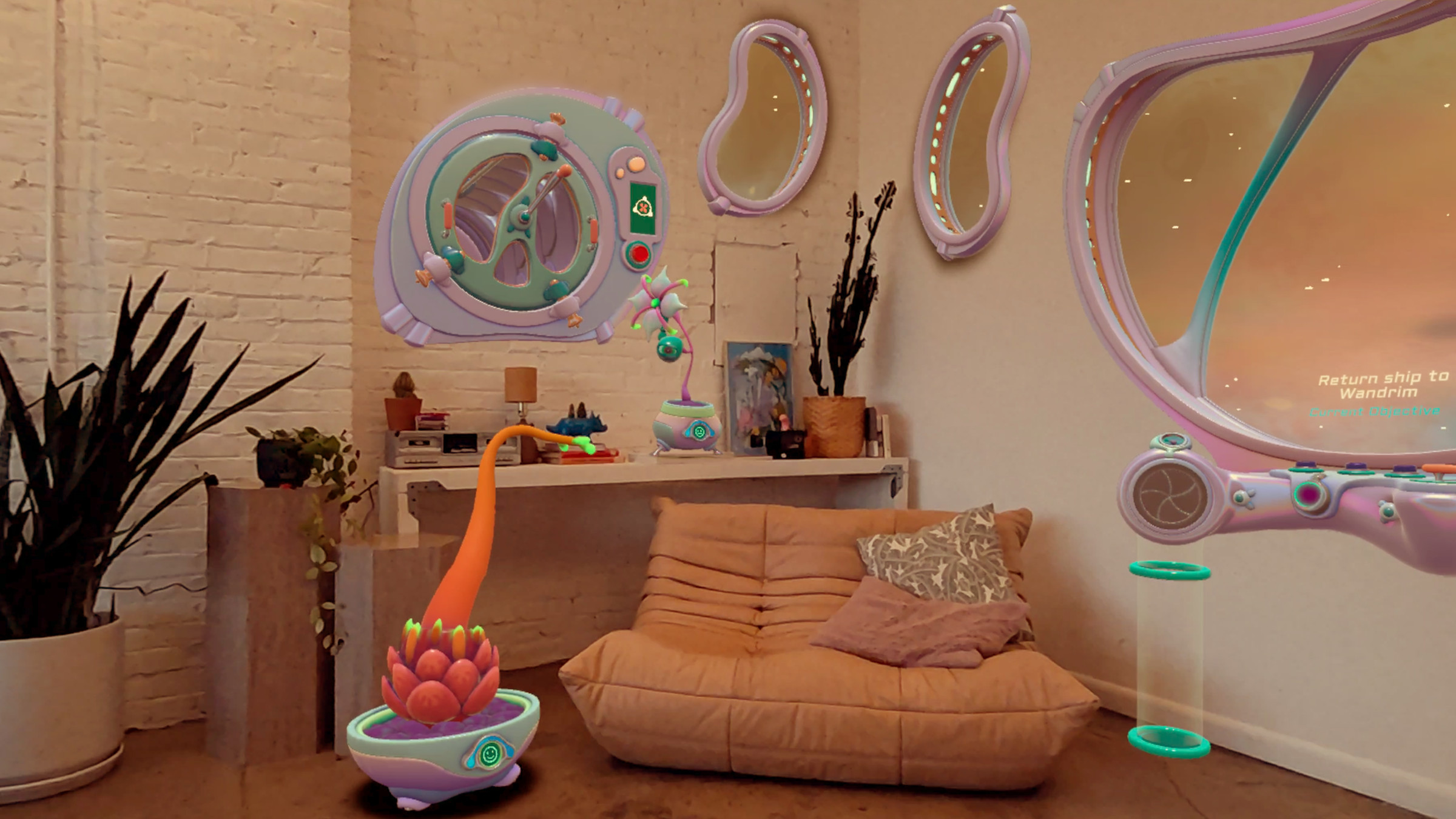 A screenshot showing passthrough video of a room, but with AR objects like windows on the walls and plants on surfaces.