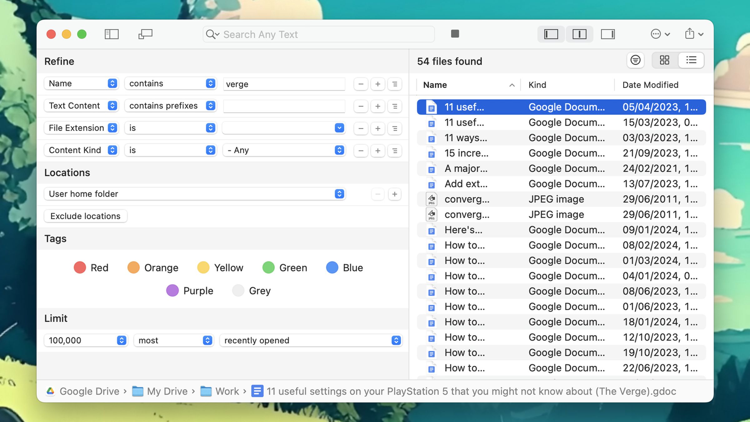 HoudahSpot window with Refine at top left, under which are a variety of methods for refining a search such as name, text content, and a list of files found on right.