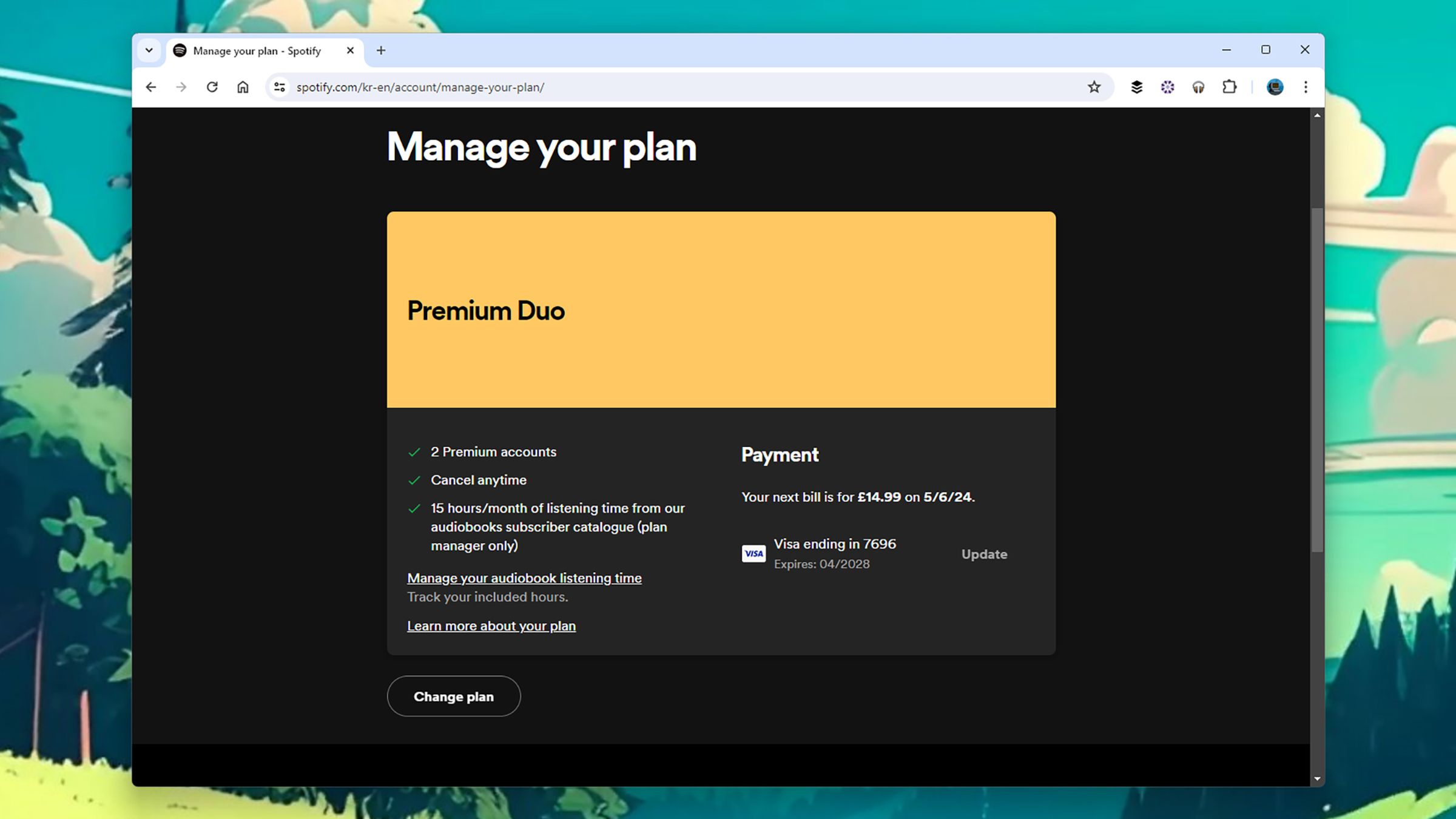 Desktop window with Manage your plan on top and the specifics for the Premium Duo plan.