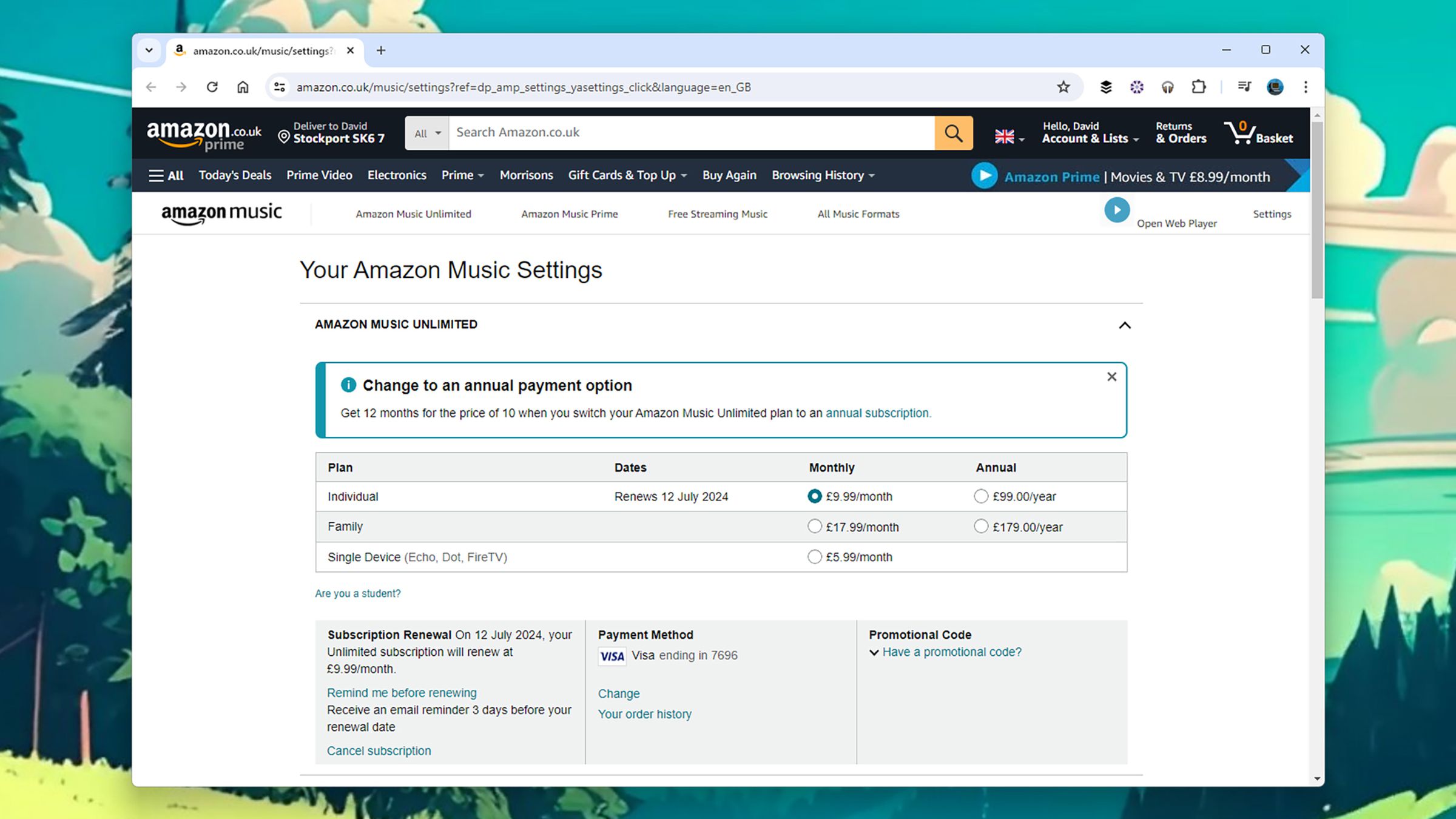 Amazon web page with Amazon Music settings.