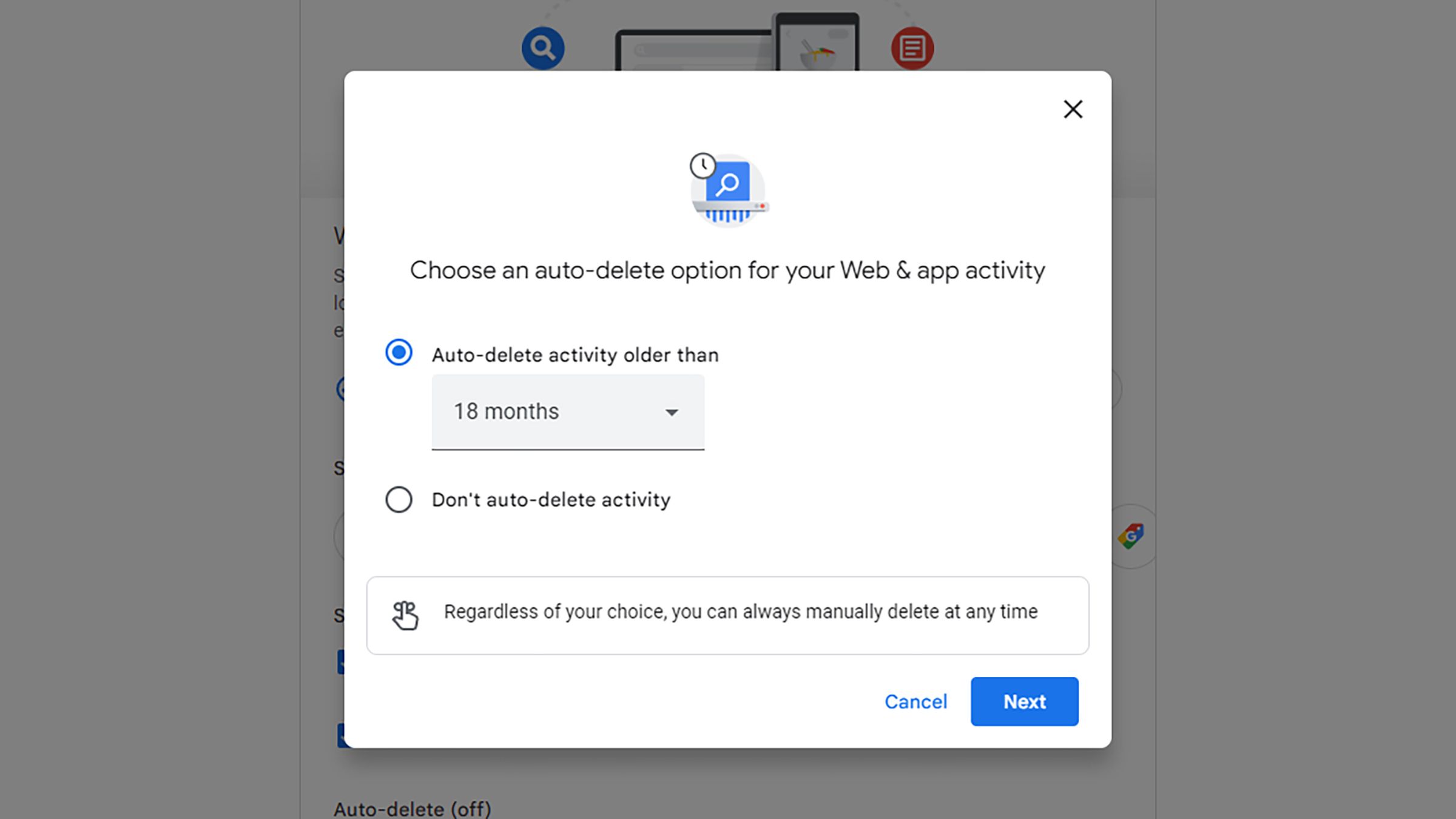 Pop-up window headed “Choose an auto-delete option for your Web &amp; app activity.”