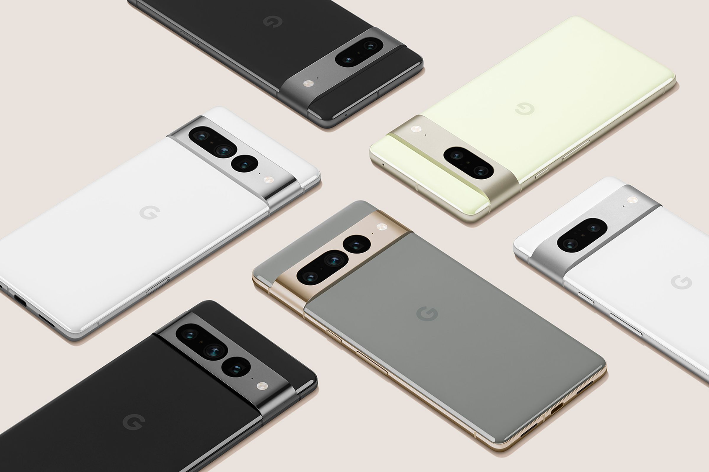 Pixel 7 and 7 Pro devices laying on a flat surface
