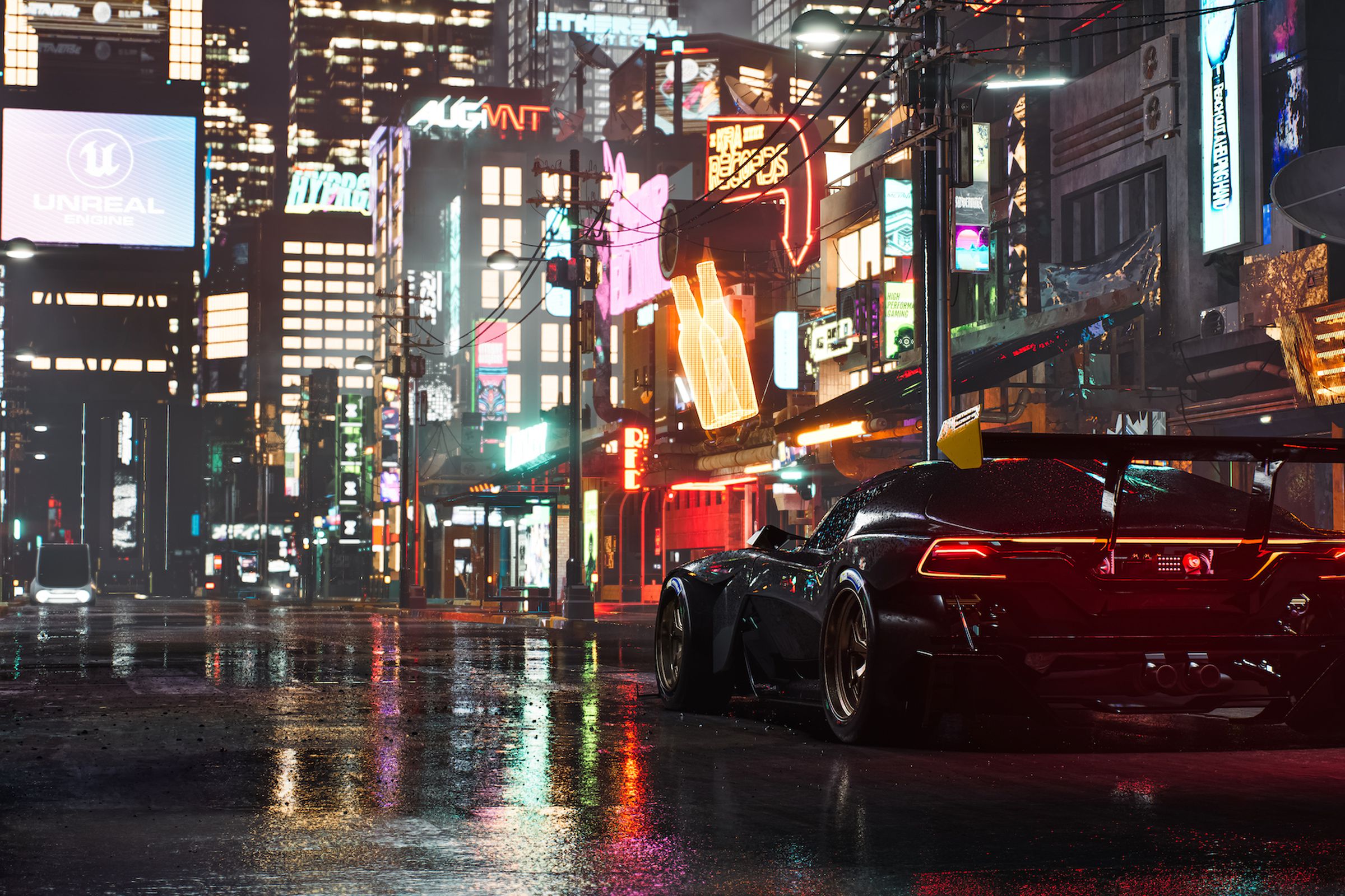 A promotional Unreal Engine screenshot showing a car in a brightly lit city.