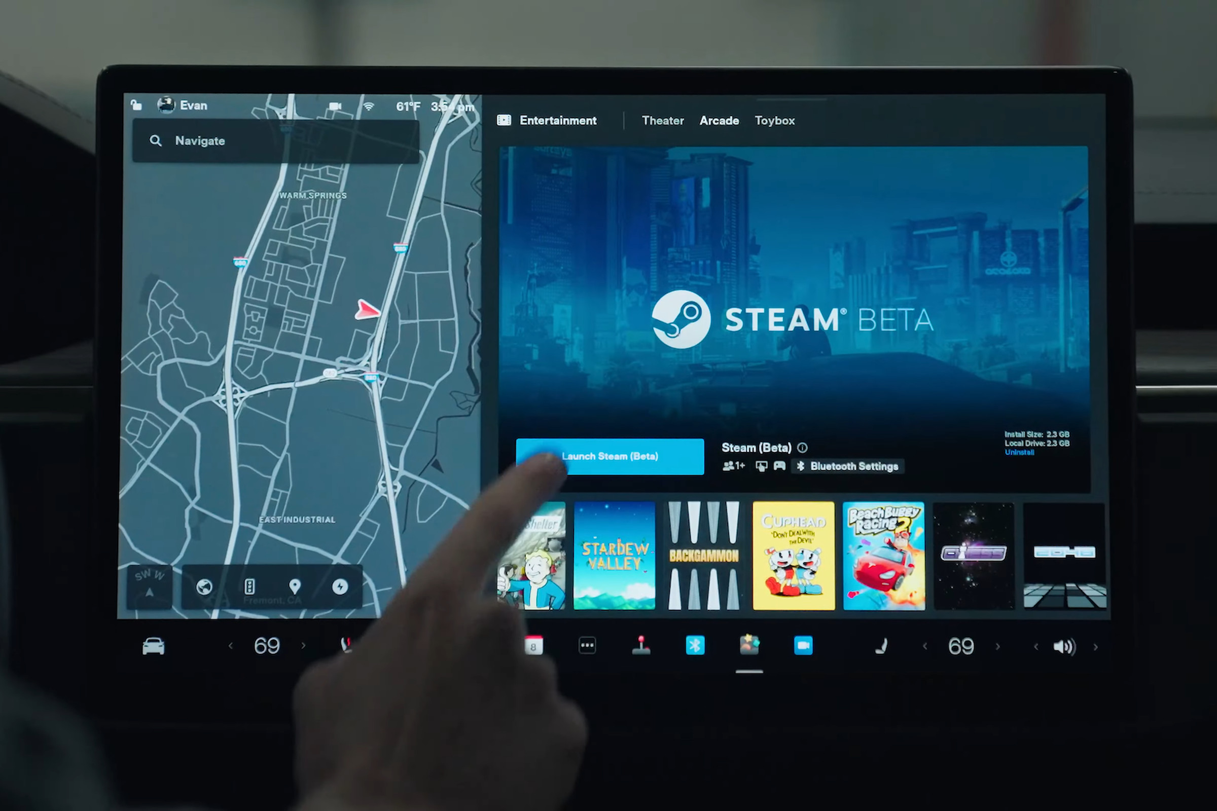An image of the Steam Beta in a Tesla.