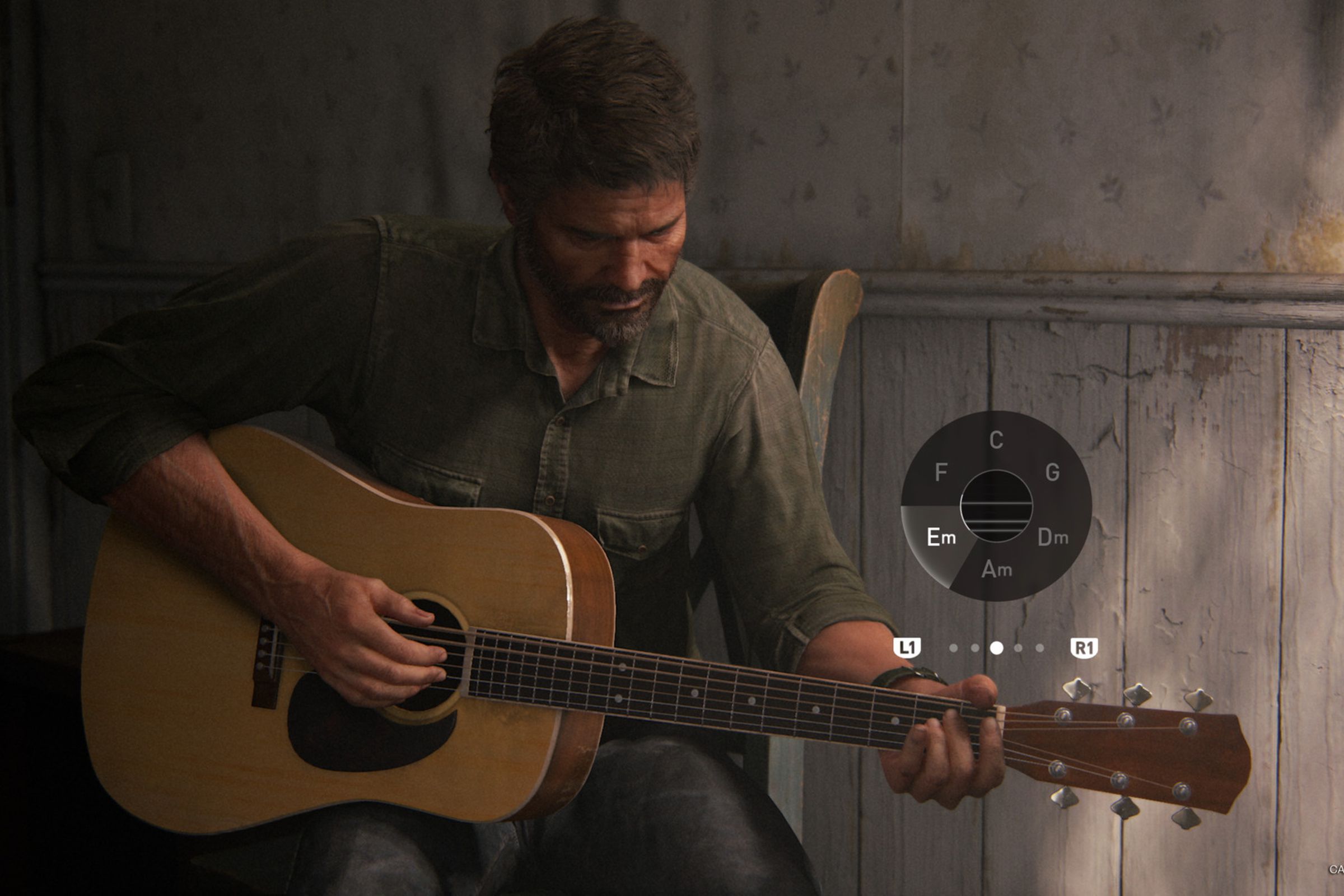A screenshot of Joel playing the guitar in The Last of Us Part II.