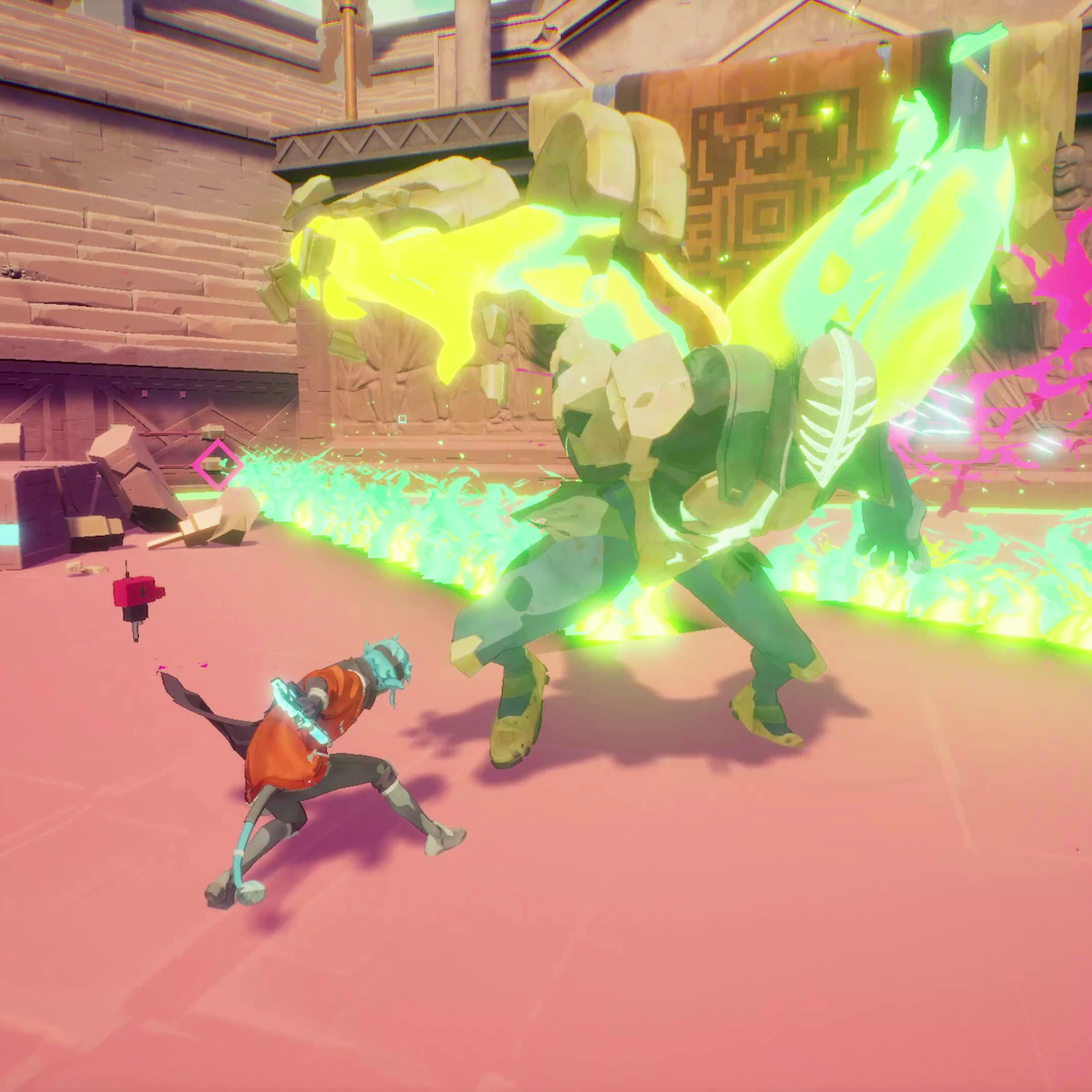 A screenshot from Hyper Light Breaker. The player character in orange is fighting Exus, a boss in the game.
