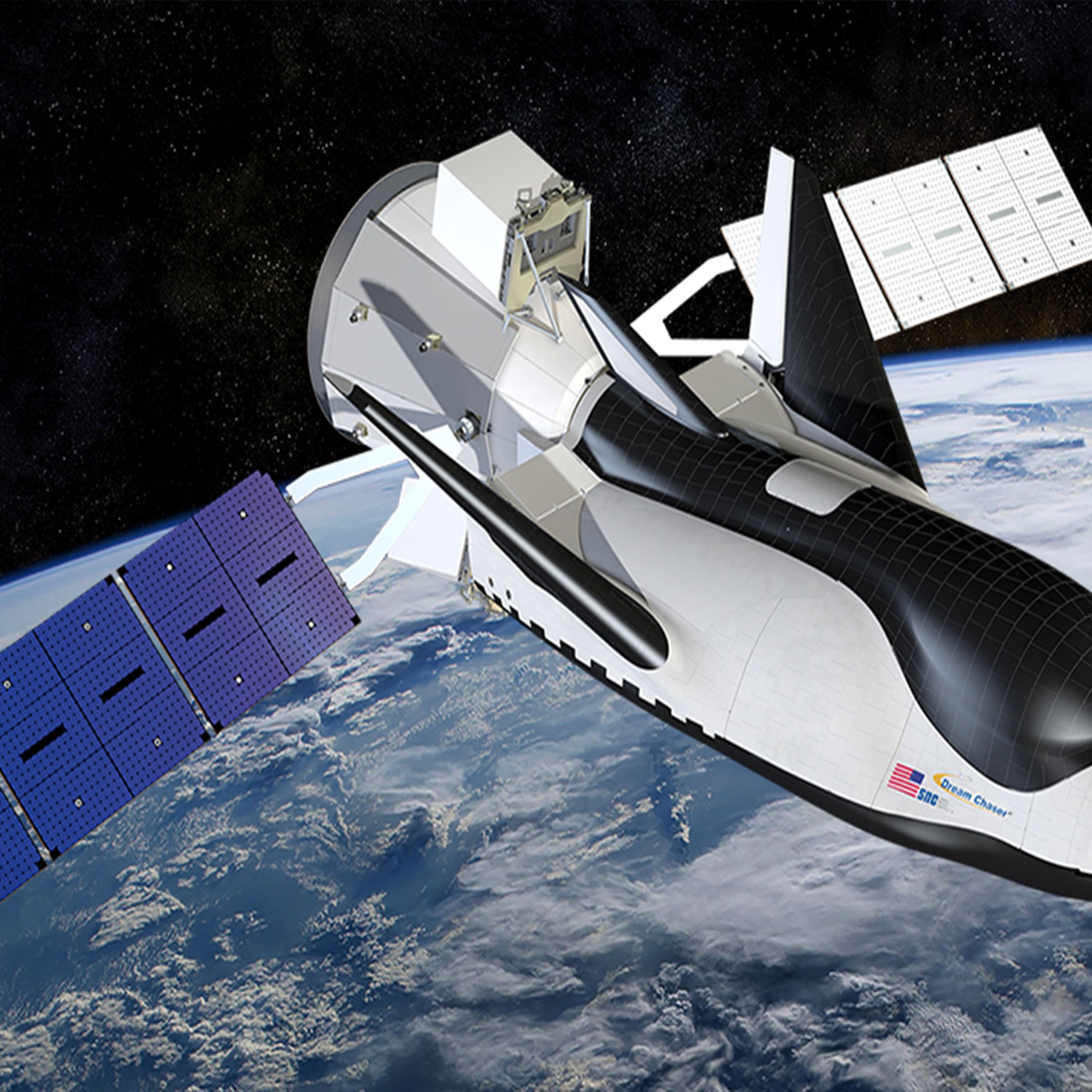 A rendering of SNC’s Dream Chaser vehicle in space