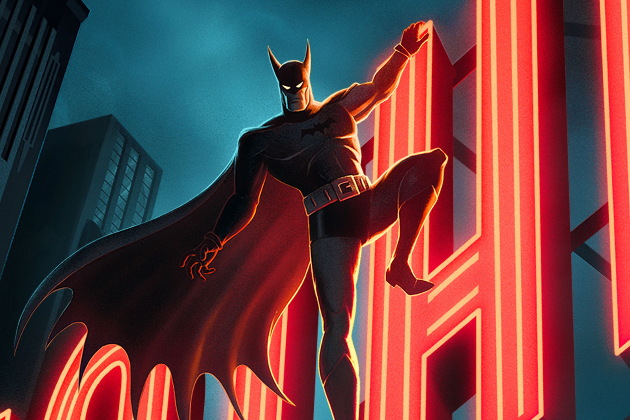 Batman hanging off a neon h.