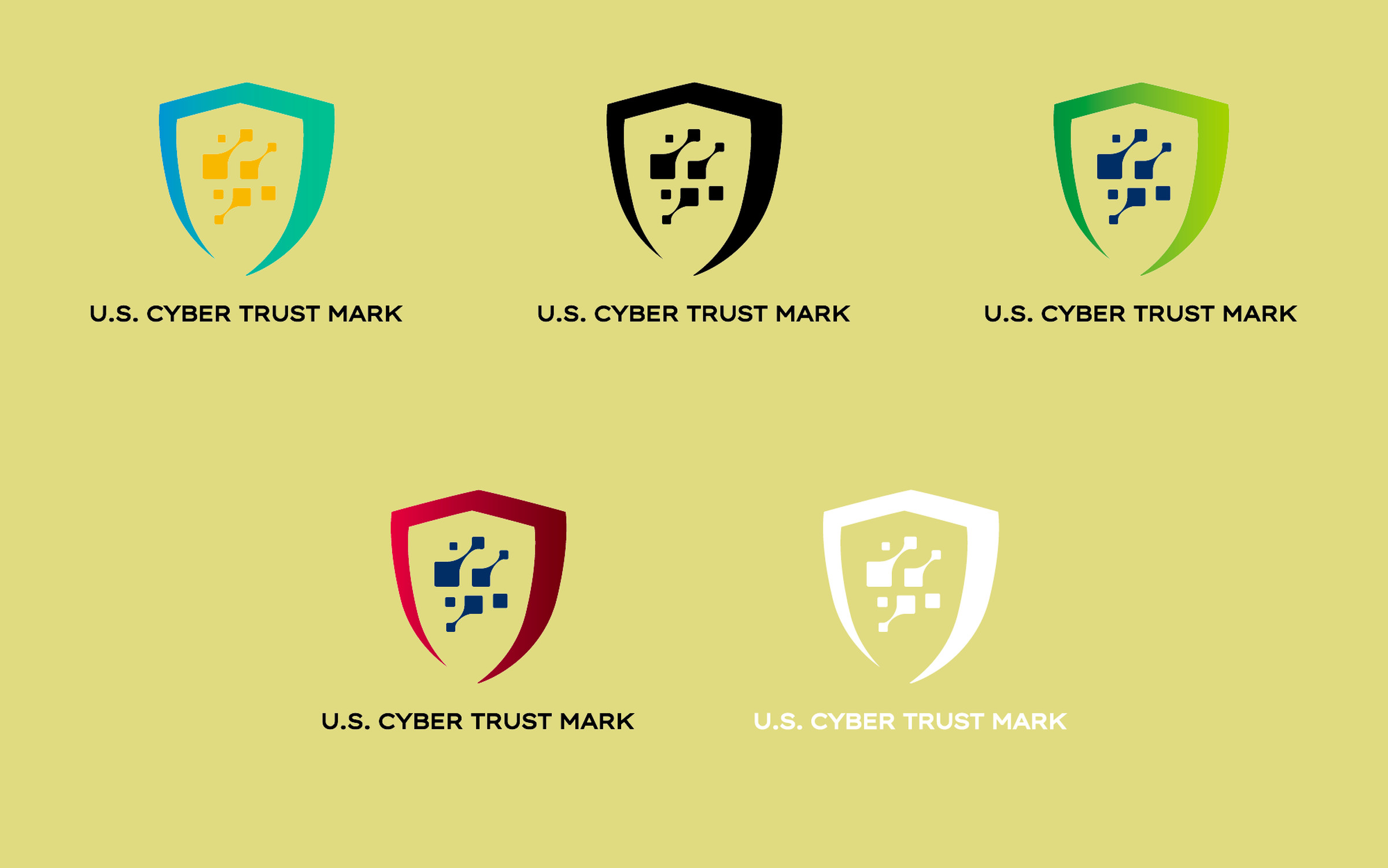 Five variants of the Cyber Trust Mark, from top left to bottom right: blue to aqua, black, green to light green, light red to dark red, and white