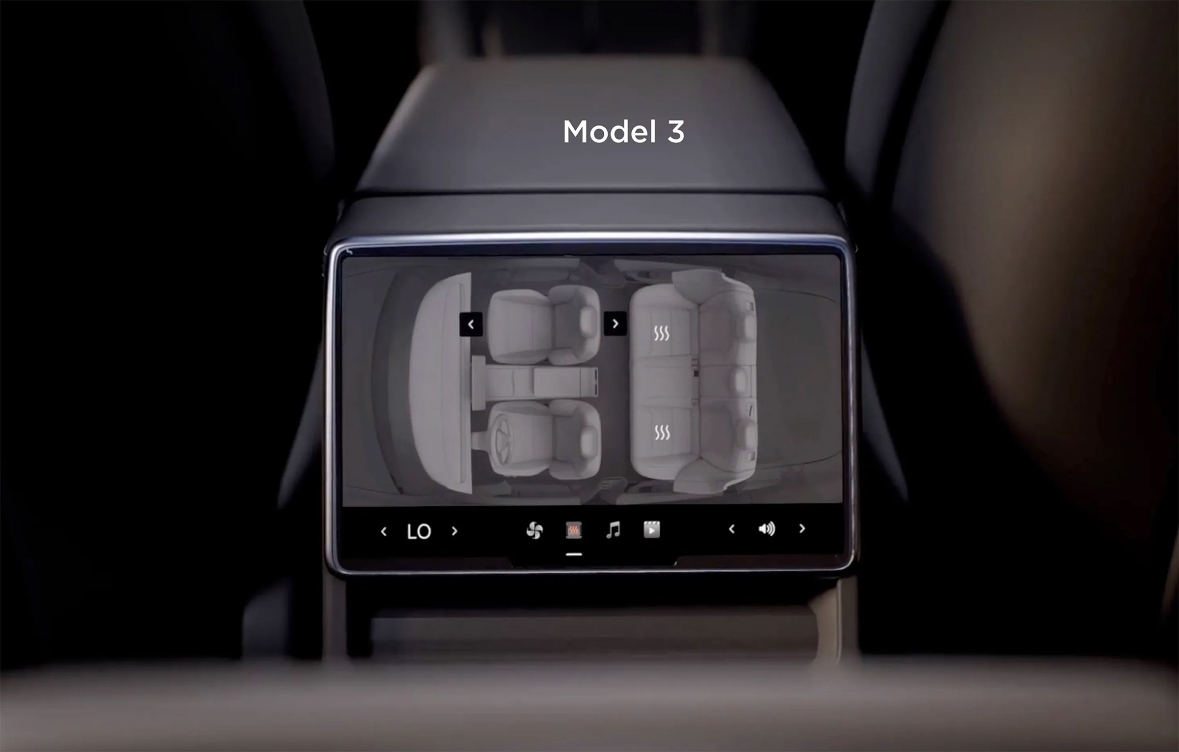 The Model 3 rear screen for passengers is mounted on the back of the center console.
